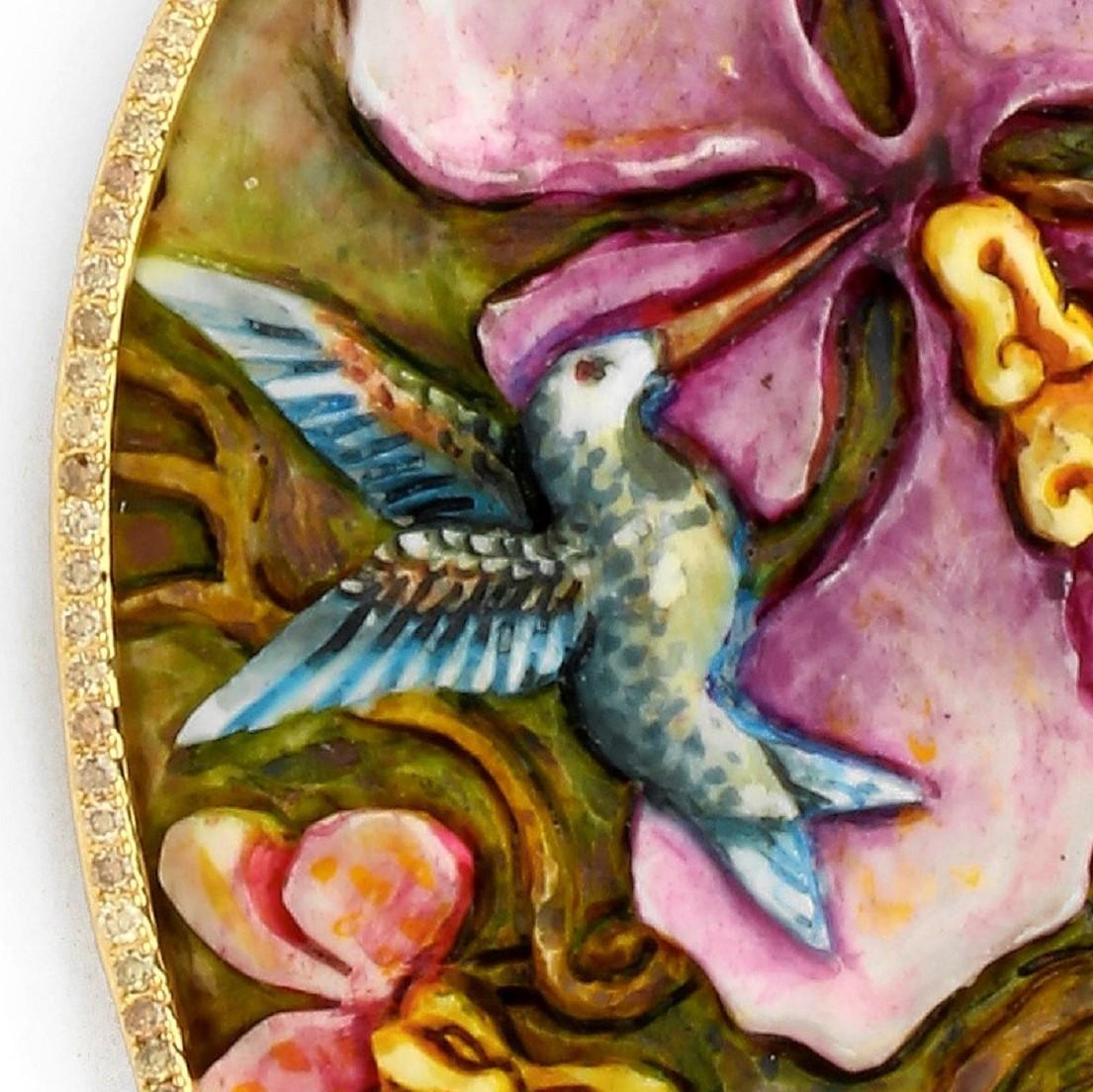 Contemporary Syna Yellow Gold Hand Painted Hummingbird with Champagne Diamonds For Sale