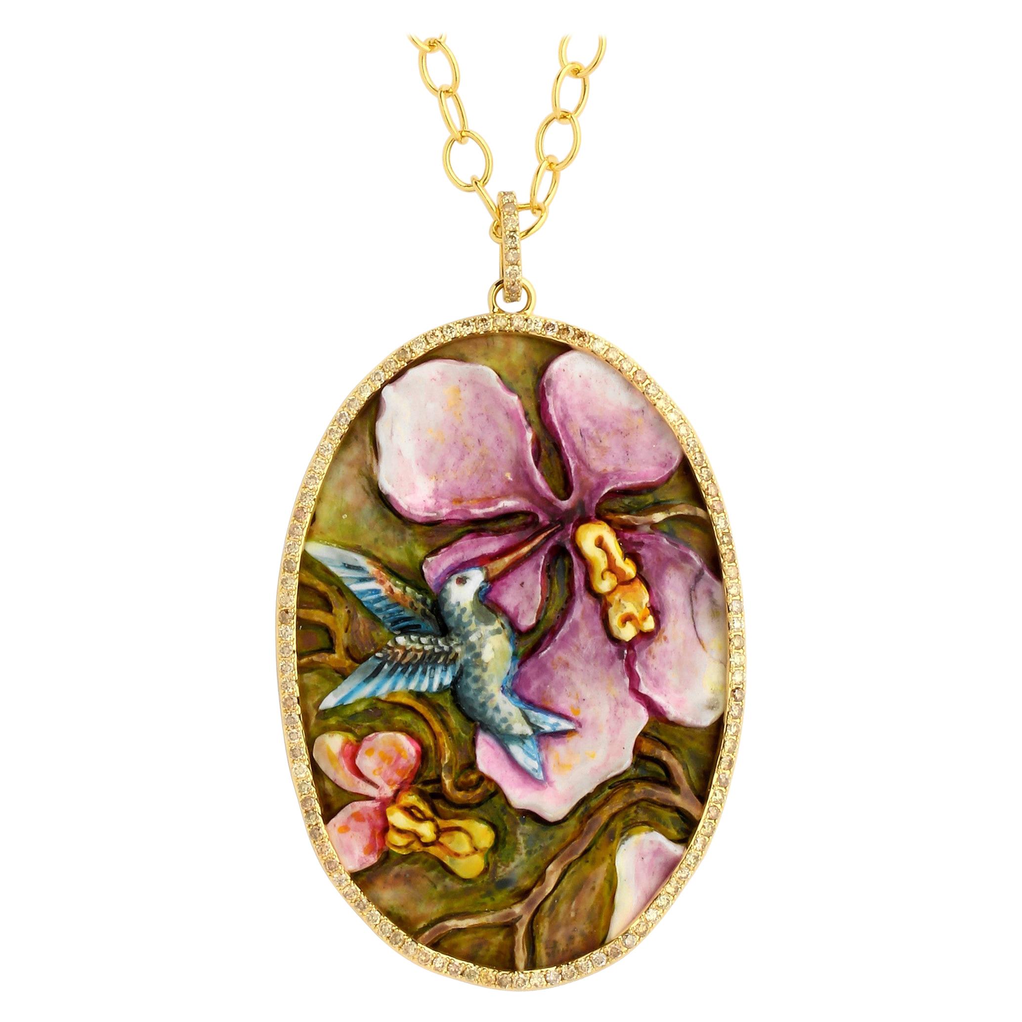 Syna Yellow Gold Hand Painted Hummingbird with Champagne Diamonds For Sale