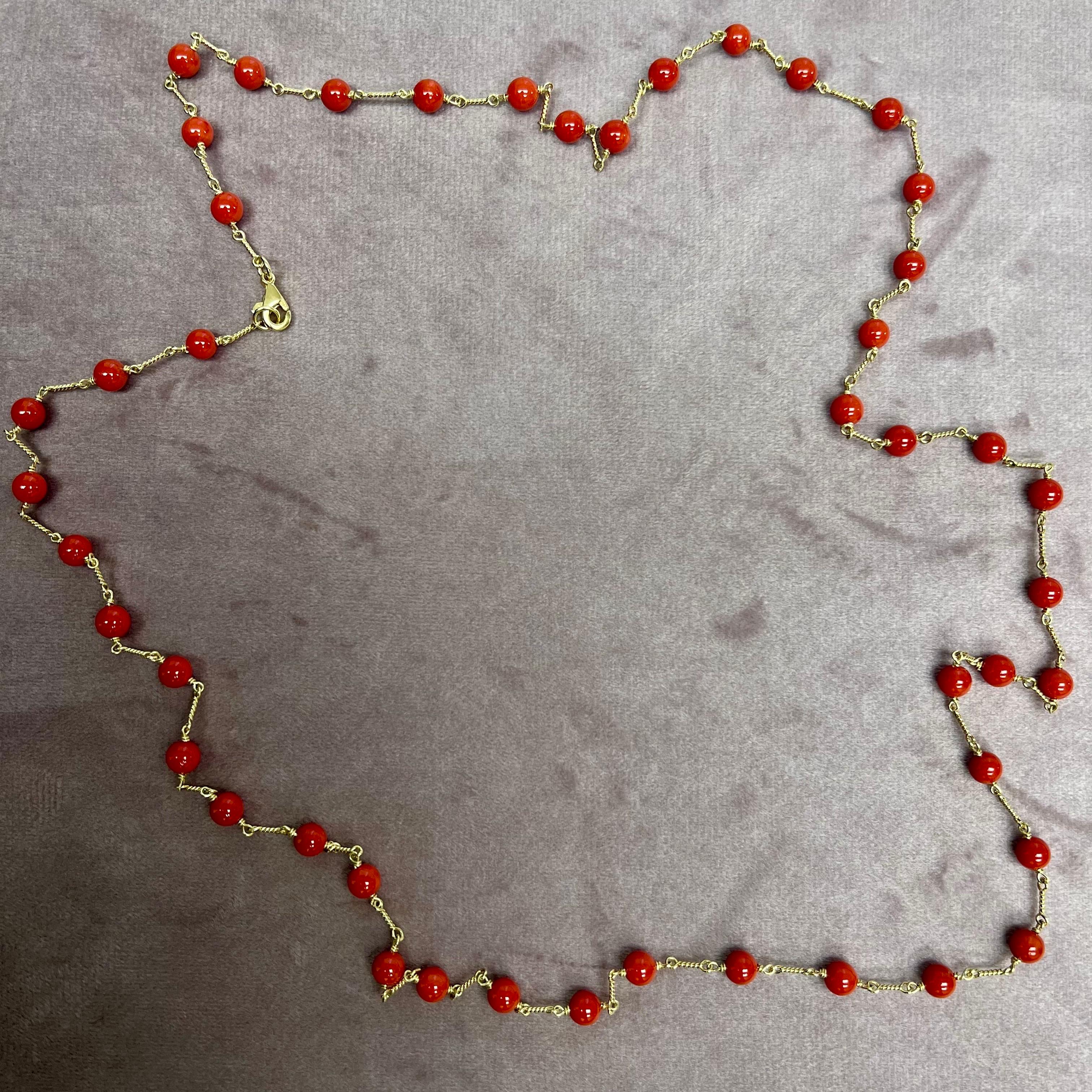 Contemporary Syna Yellow Gold Hand-wired Oxblood Red Orange Coral Large Bead Necklace For Sale