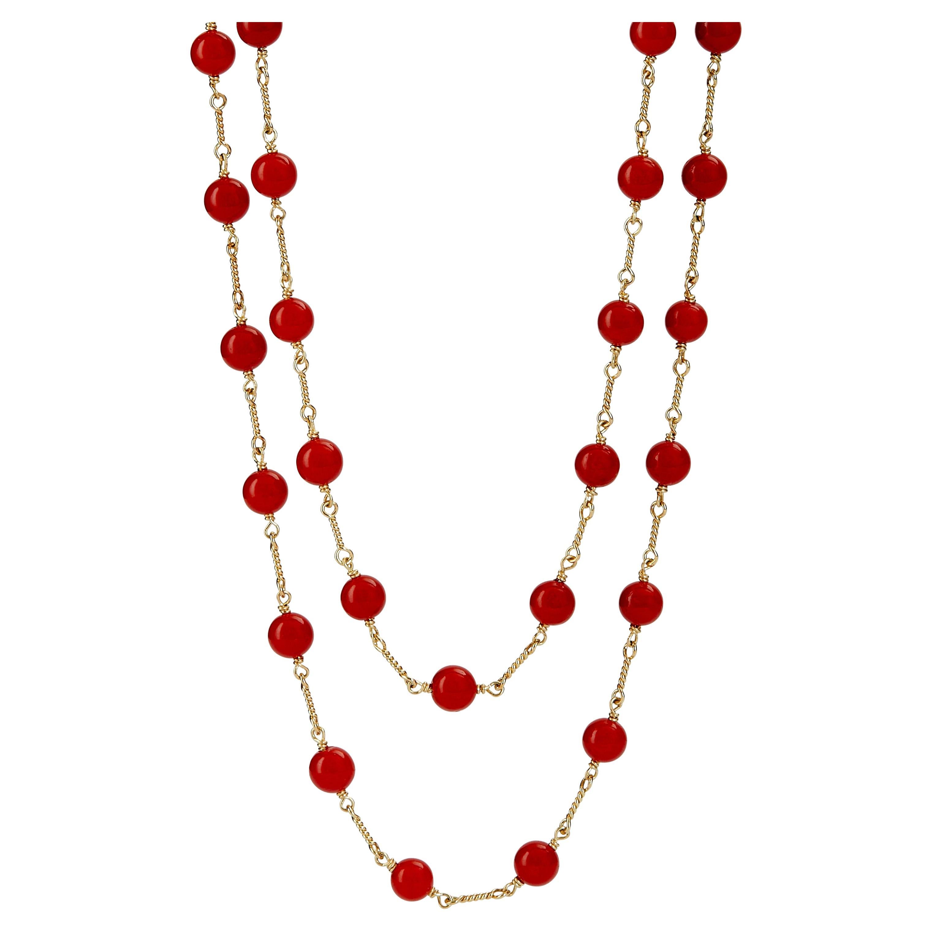 Syna Yellow Gold Hand-wired Oxblood Red Orange Coral Large Bead Necklace For Sale