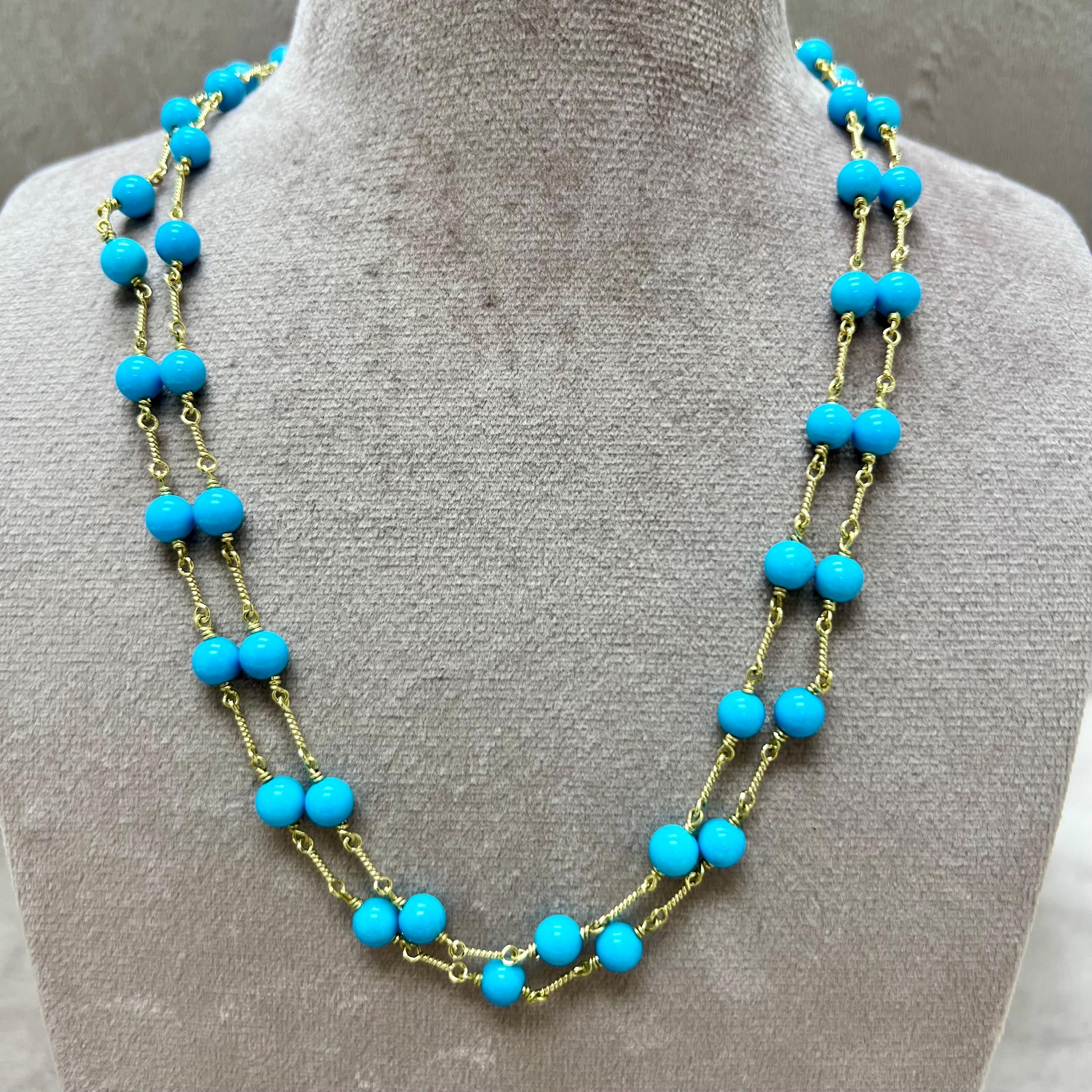 Contemporary Syna Yellow Gold Hand-wired Sleeping Beauty Turquoise Large Bead Necklace For Sale