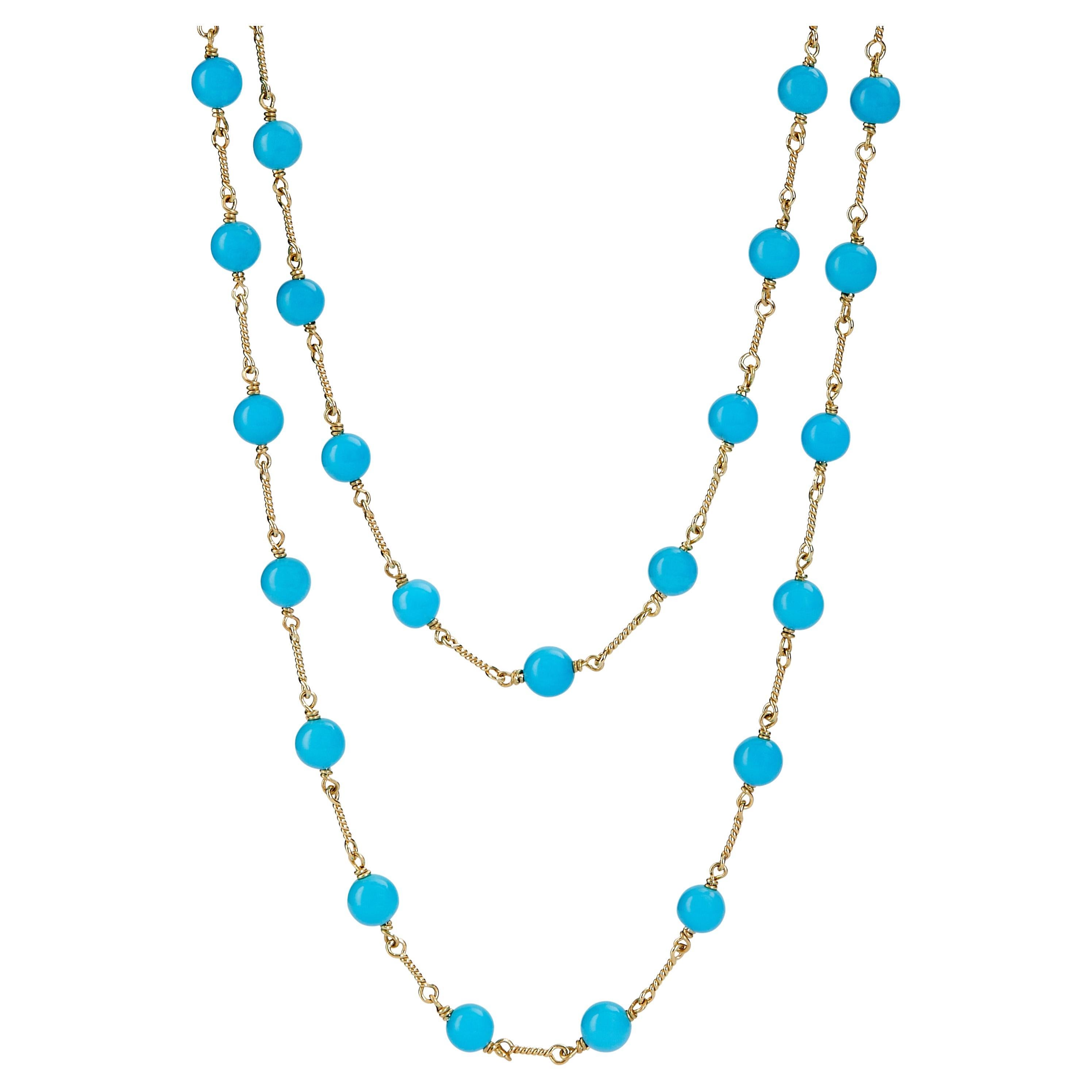 Syna Yellow Gold Hand-wired Sleeping Beauty Turquoise Large Bead Necklace For Sale