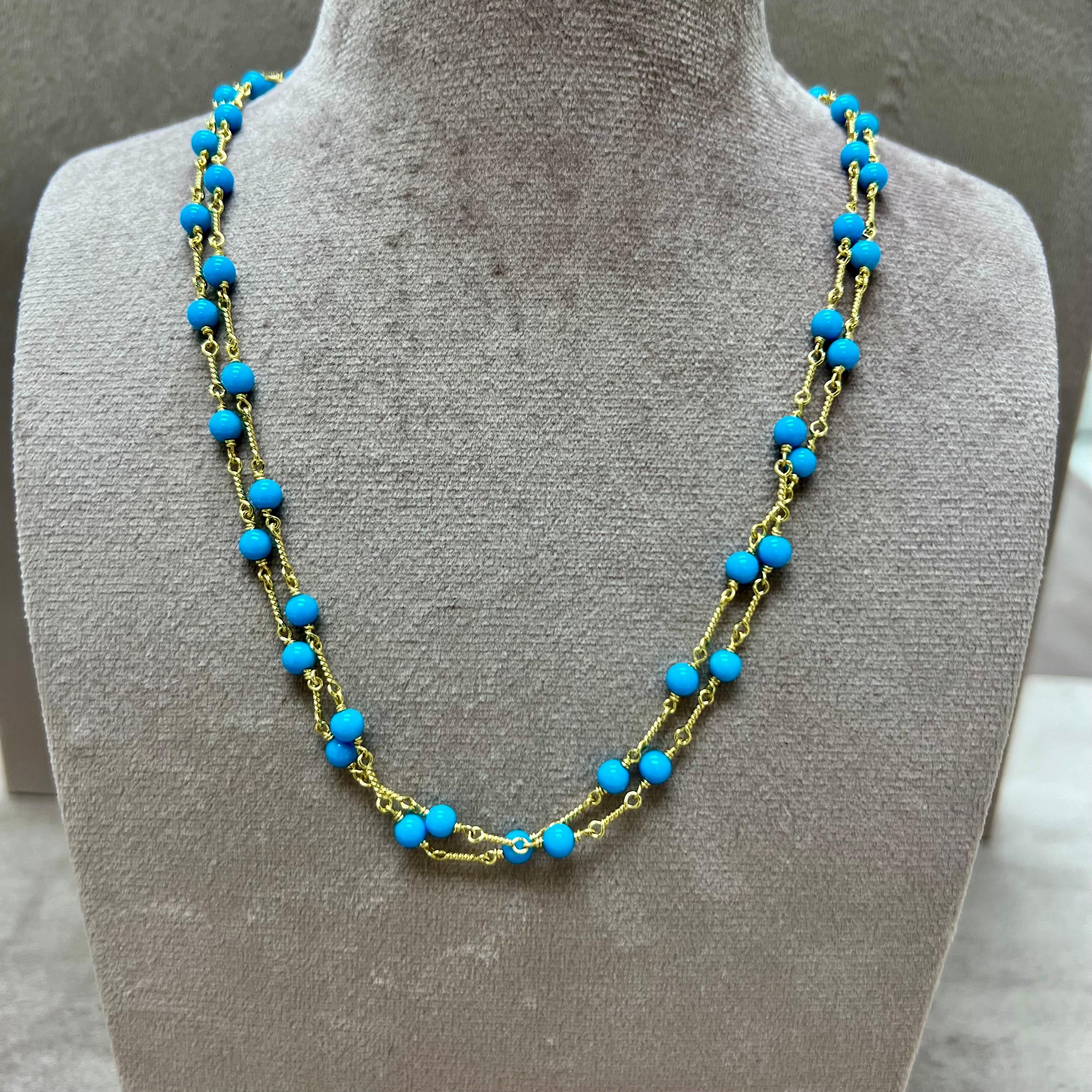 Contemporary Syna Yellow Gold Hand-wired Sleeping Beauty Turquoise Small Bead Necklace For Sale