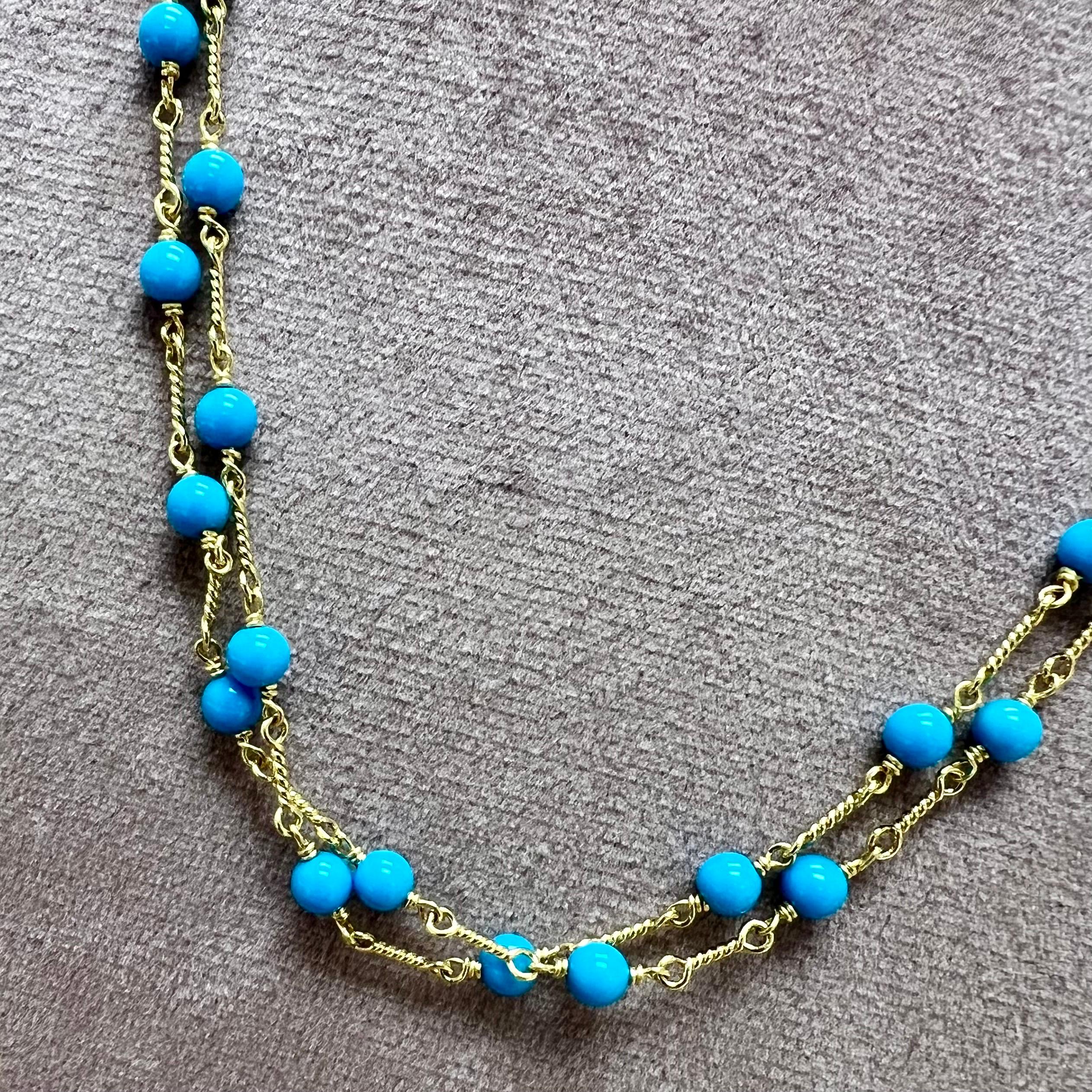 Syna Yellow Gold Hand-wired Sleeping Beauty Turquoise Small Bead Necklace In New Condition For Sale In Fort Lee, NJ