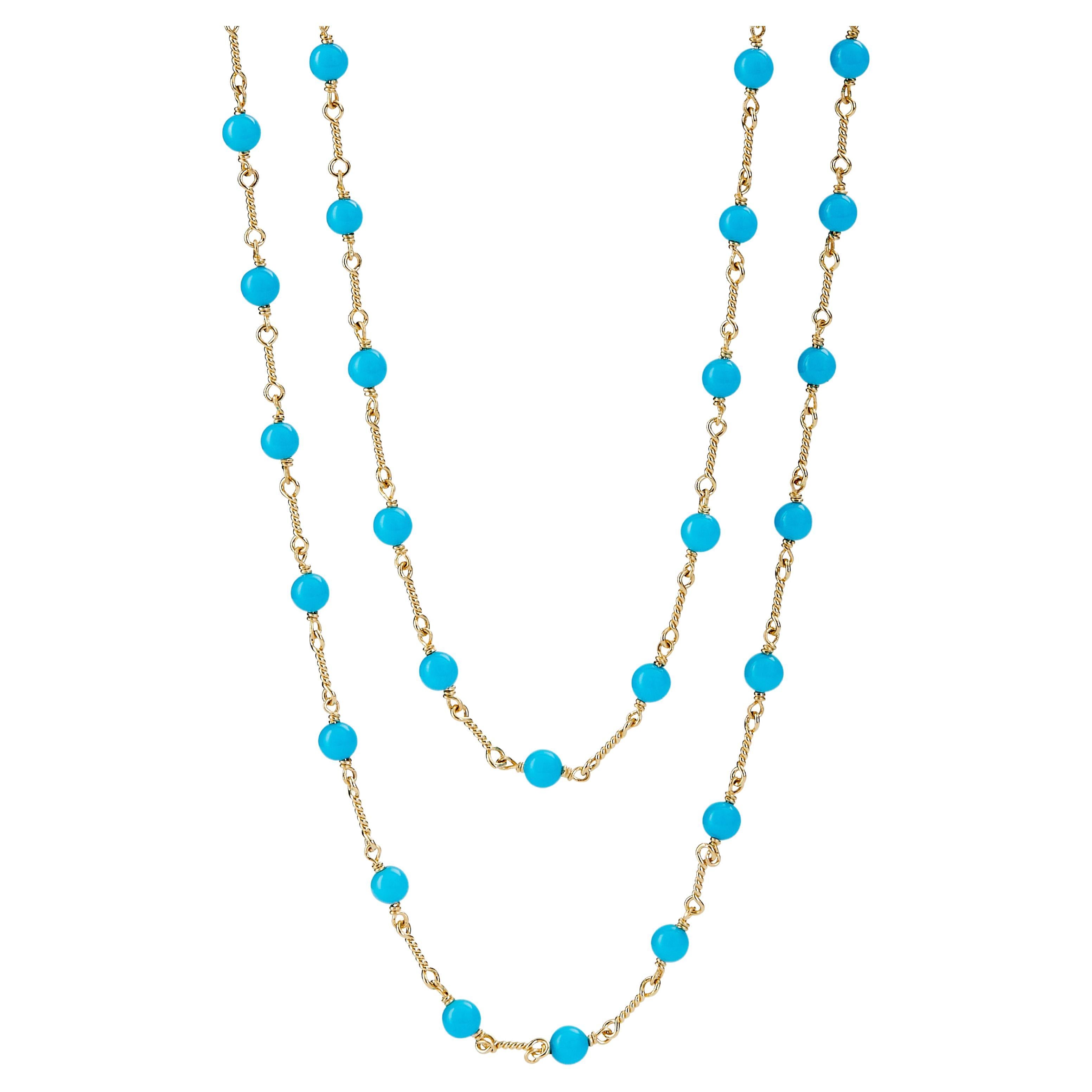 Syna Yellow Gold Hand-wired Sleeping Beauty Turquoise Small Bead Necklace For Sale
