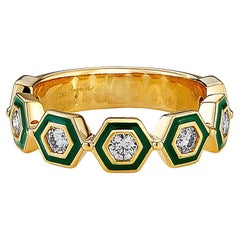Syna Yellow Gold Hex Band with Emerald Green Enamel and Diamonds