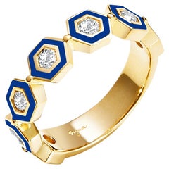 Syna Yellow Gold Hex Band with Lapis Blue Enamel and Diamonds
