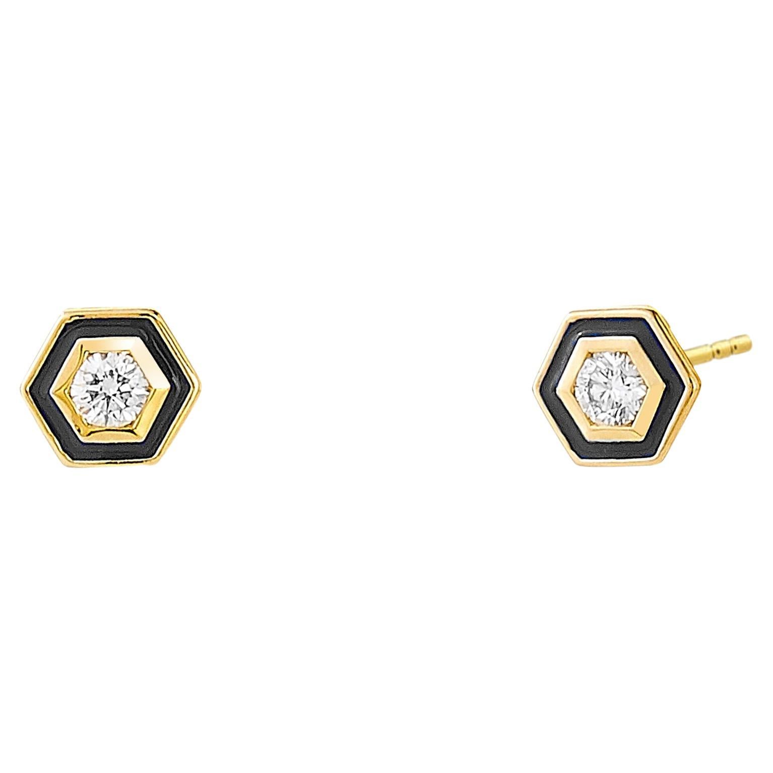 Syna Yellow Gold Hex Black Enamel Studs with Diamonds For Sale