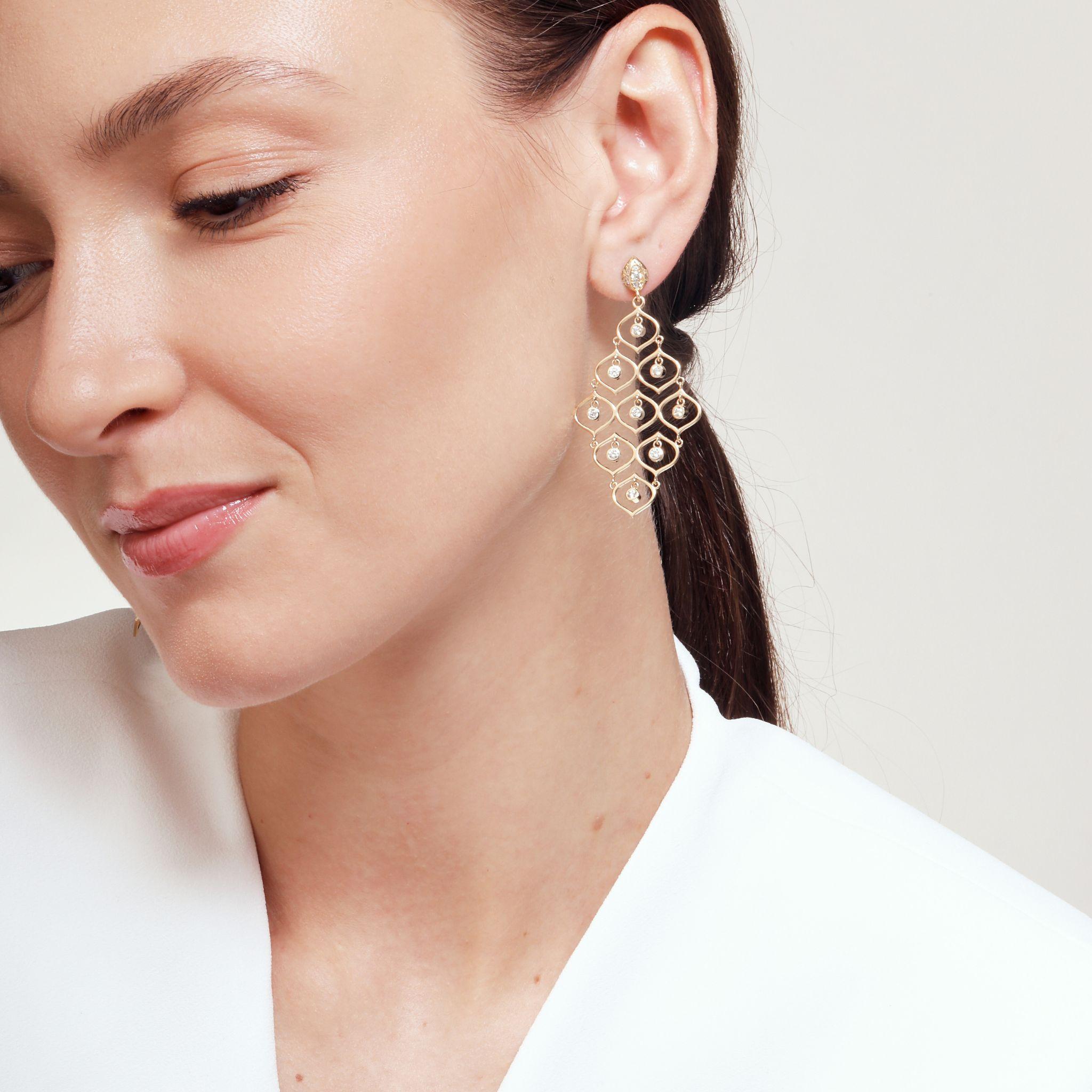 Round Cut Syna Yellow Gold Hex Chandelier Earrings with Diamonds For Sale