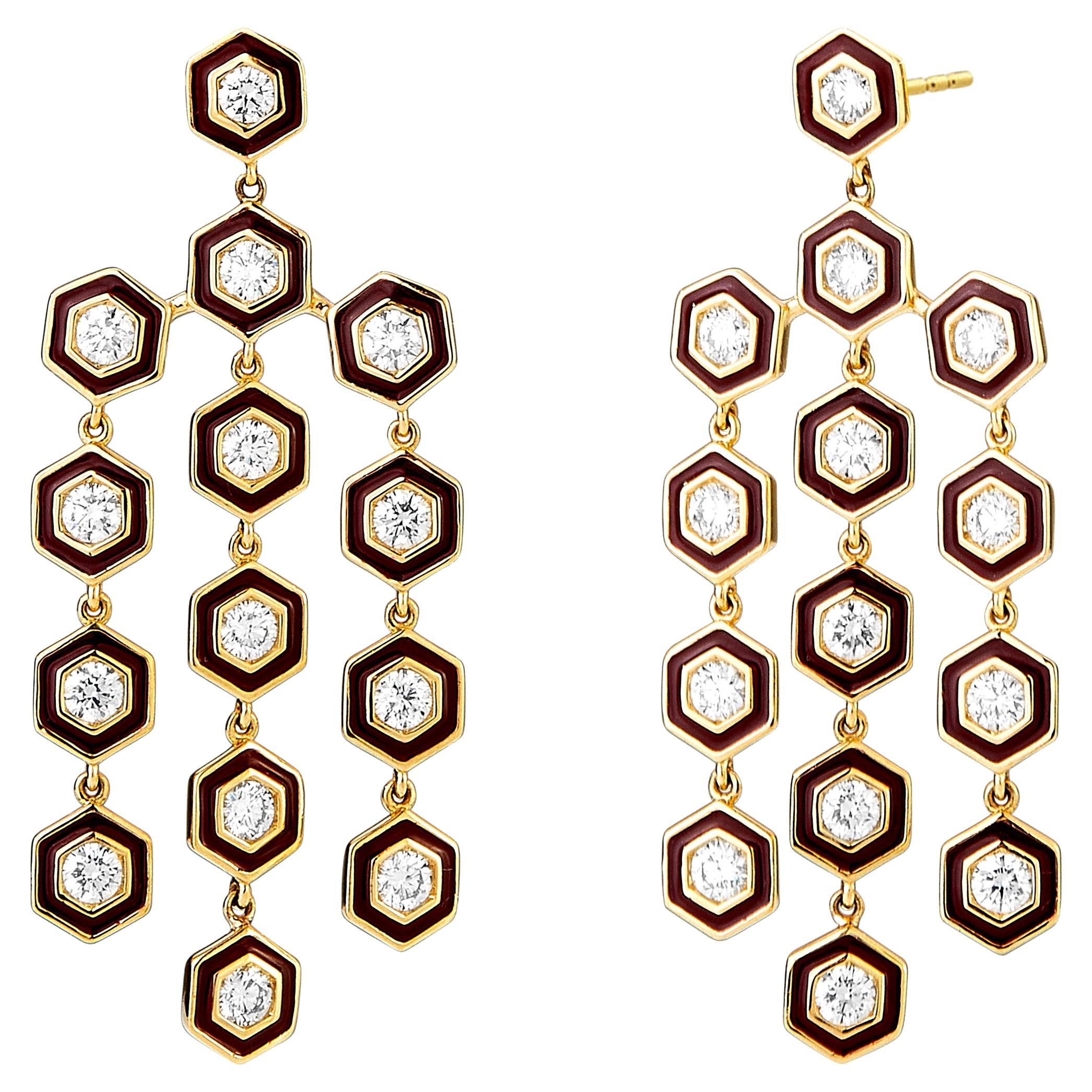 Syna Yellow Gold Hex Chandelier Earrings with Red Enamel and Diamonds For Sale