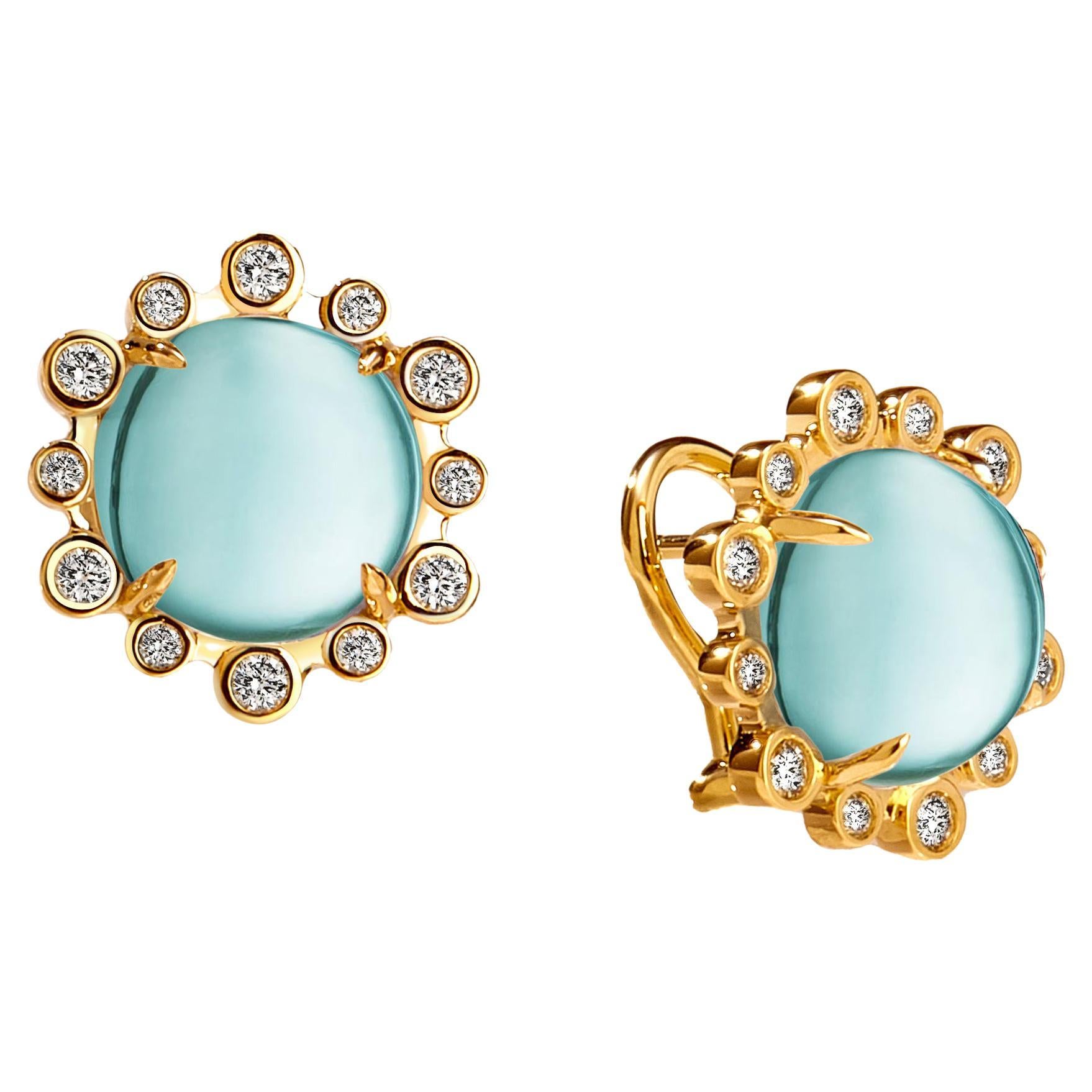 Syna Yellow Gold Hex Earrings with Blue Topaz and Diamonds For Sale