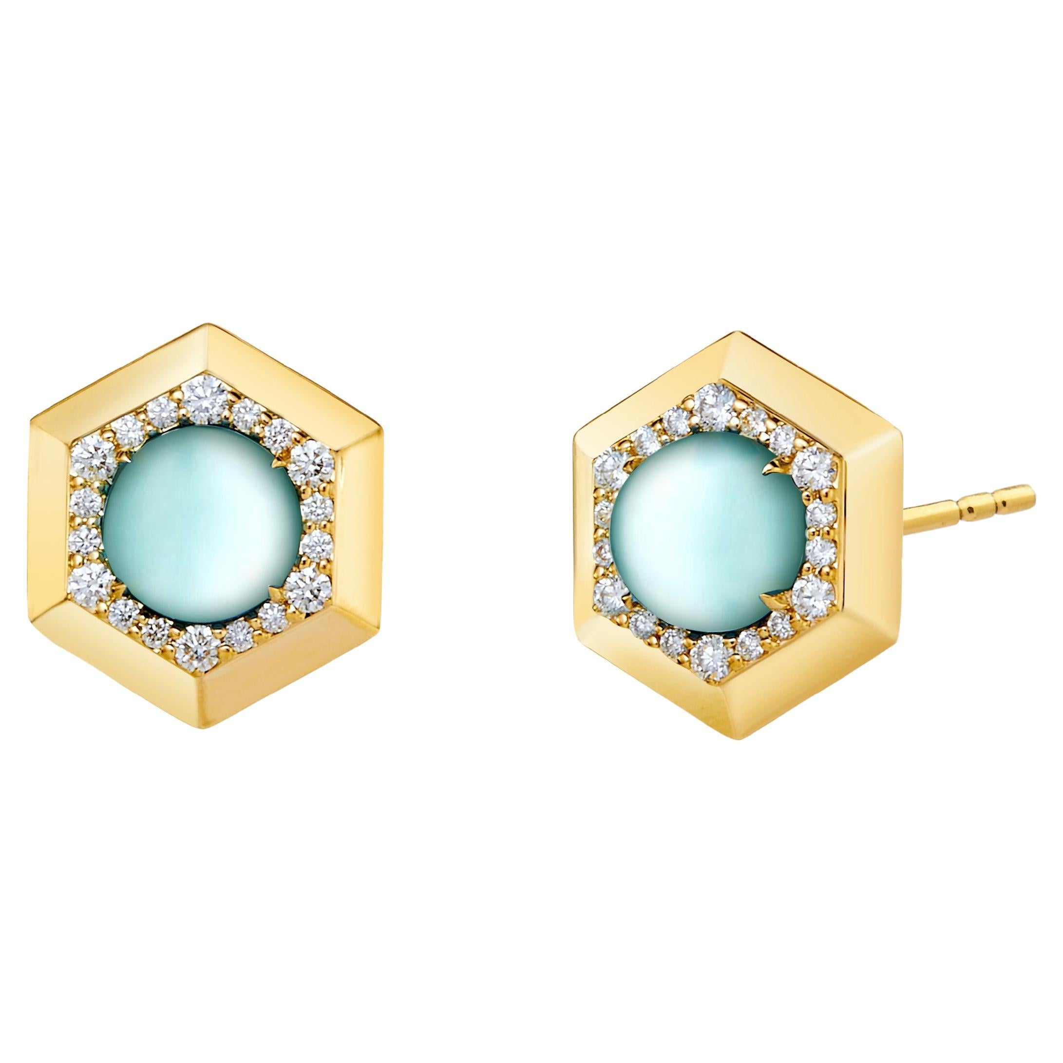 Syna Yellow Gold Hex Earrings with Blue Topaz and Diamonds For Sale