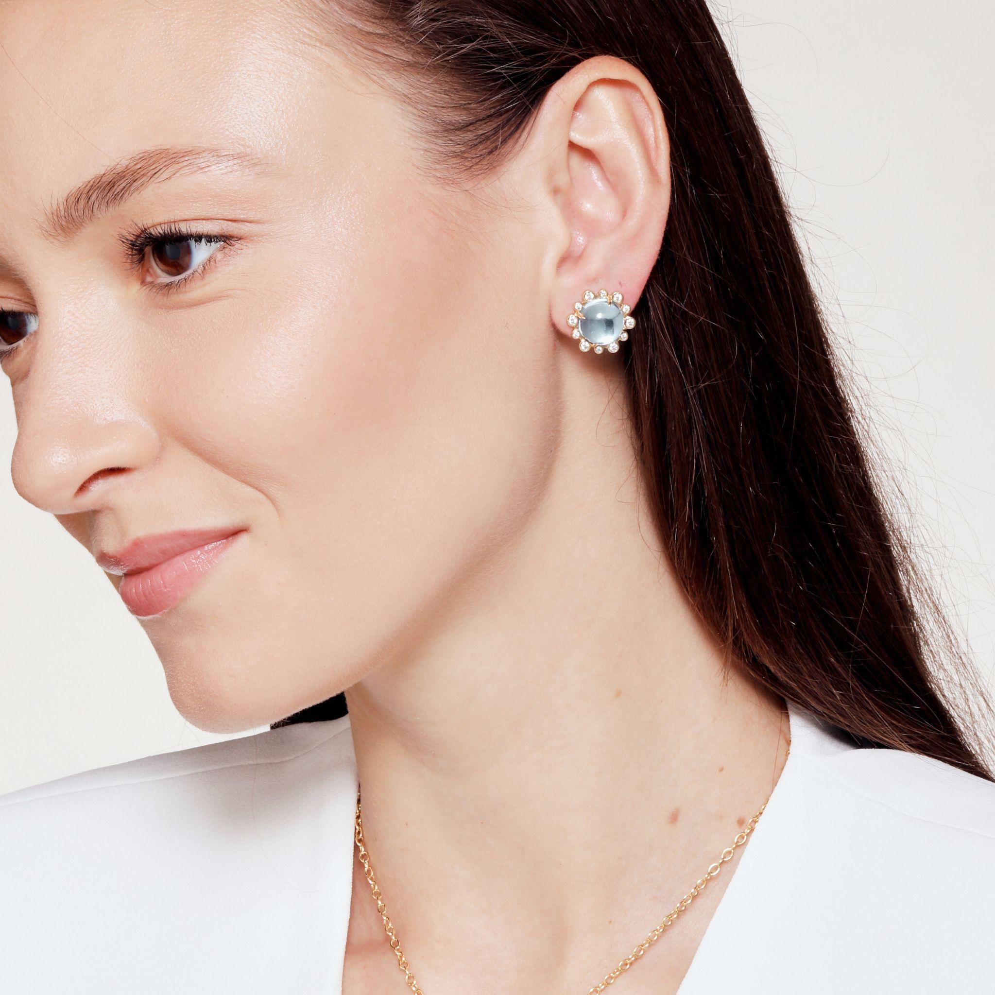 Syna Gelbgold Hex-Ohrringe mit blauem Topas und Diamanten (Rundschliff) im Angebot
