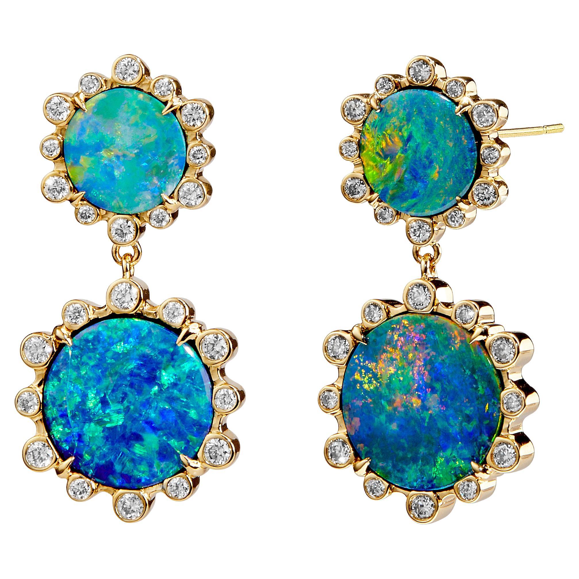 Syna Yellow Gold Hex Earrings with Boulder Opal and Diamonds For Sale