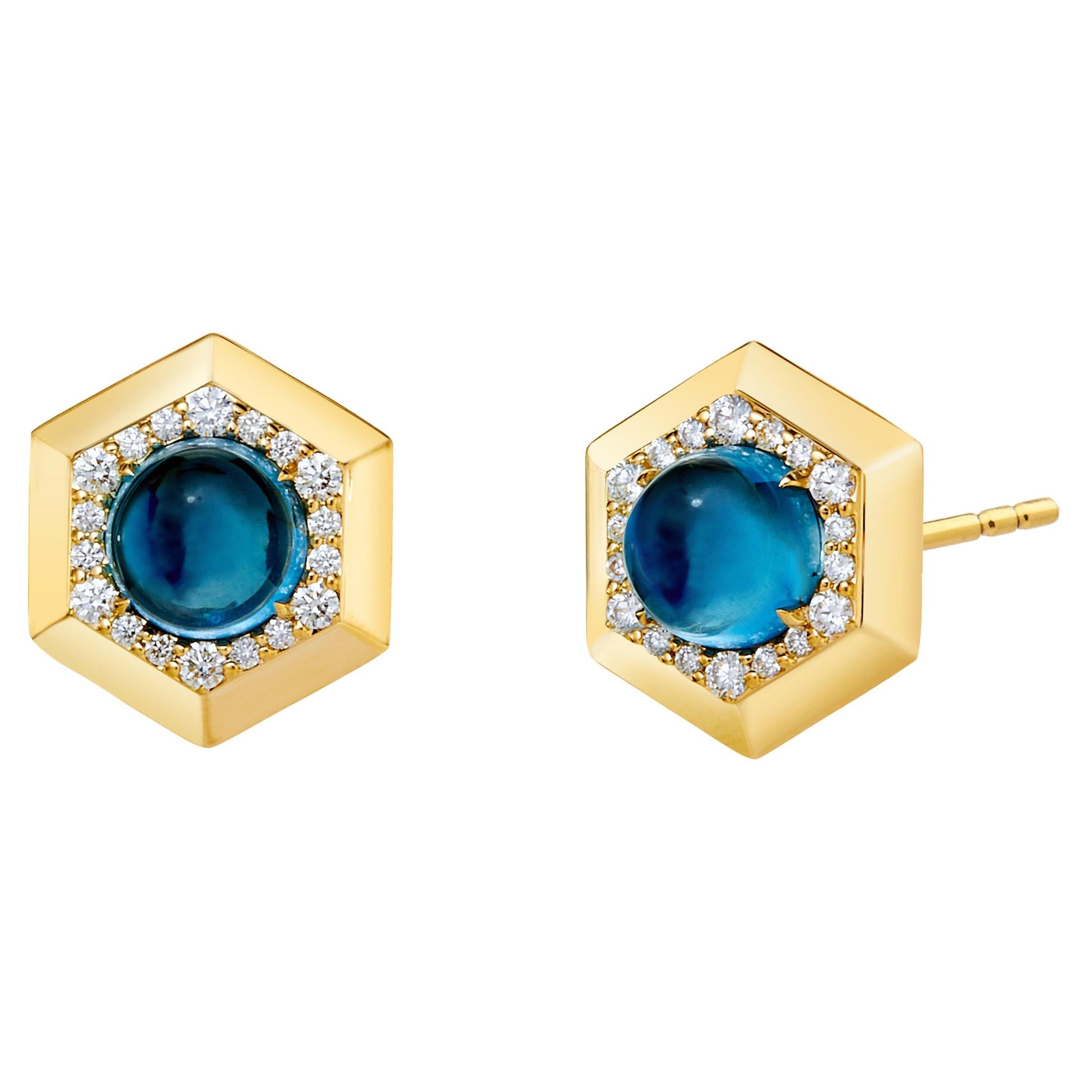 London Blue Topaz, Diamonds 18k Yellow Gold Happy Earrings For Sale at ...