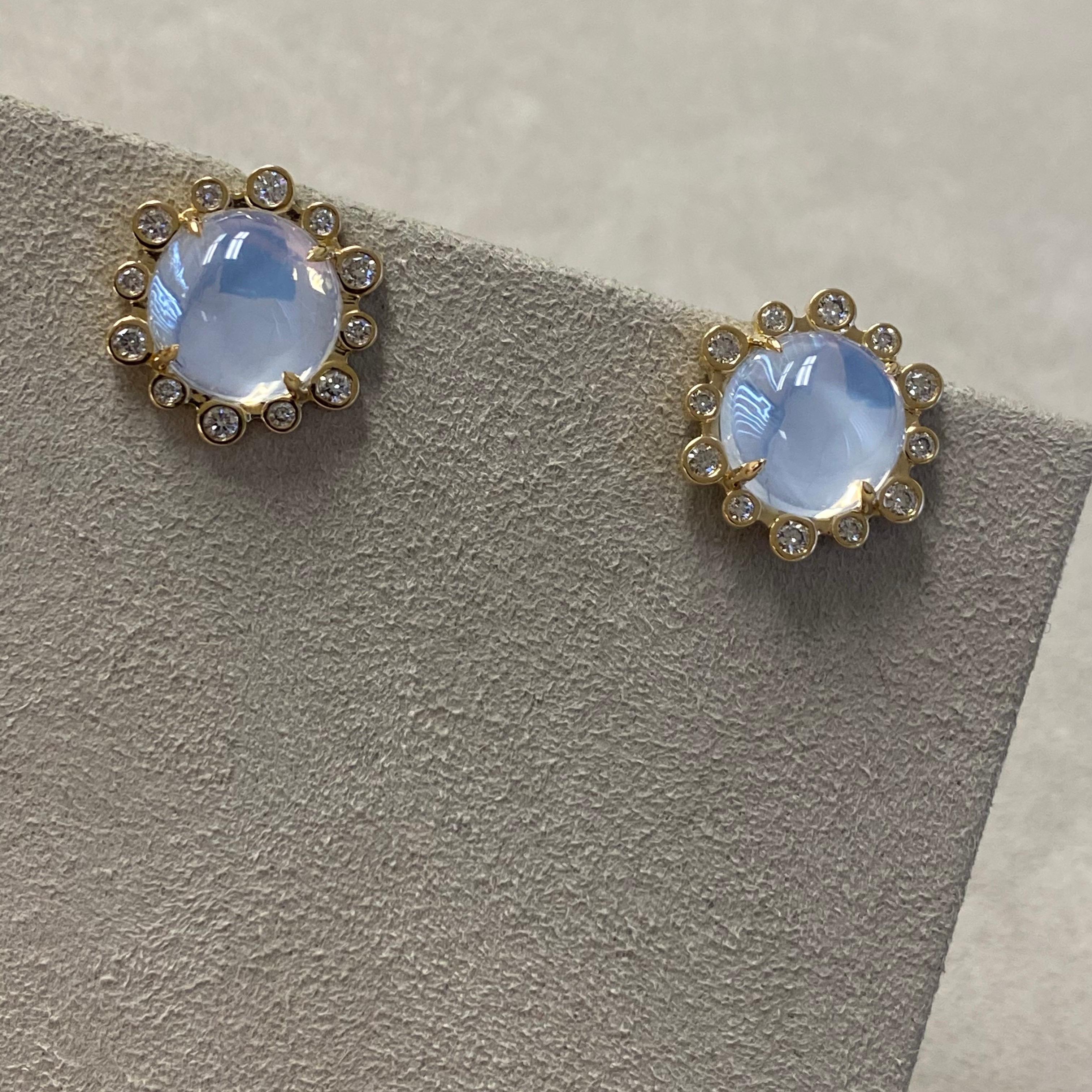 Contemporary Syna Yellow Gold Hex Earrings with Moon Quartz and Diamonds For Sale