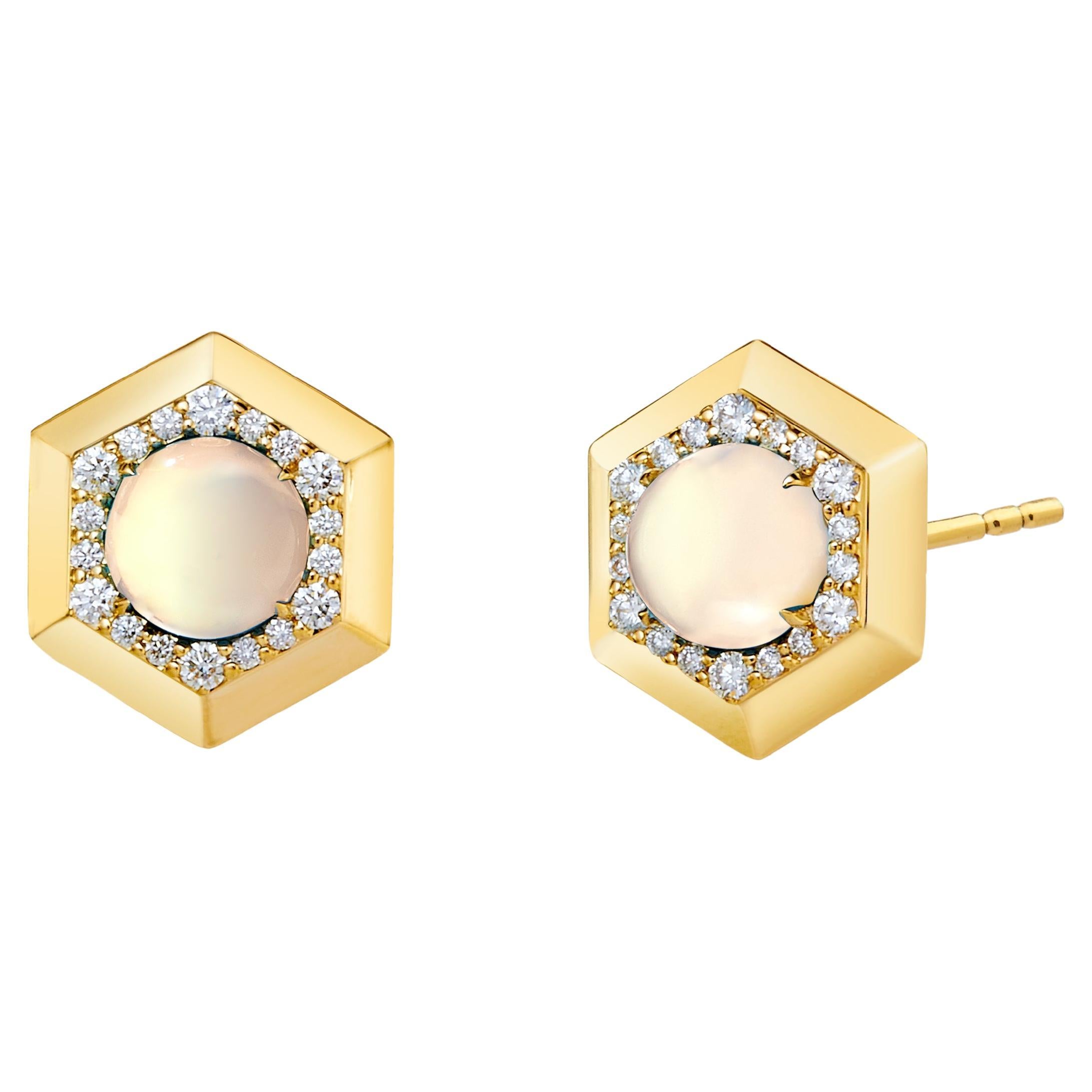 Syna Yellow Gold Hex Earrings with Moon Quartz and Diamonds For Sale