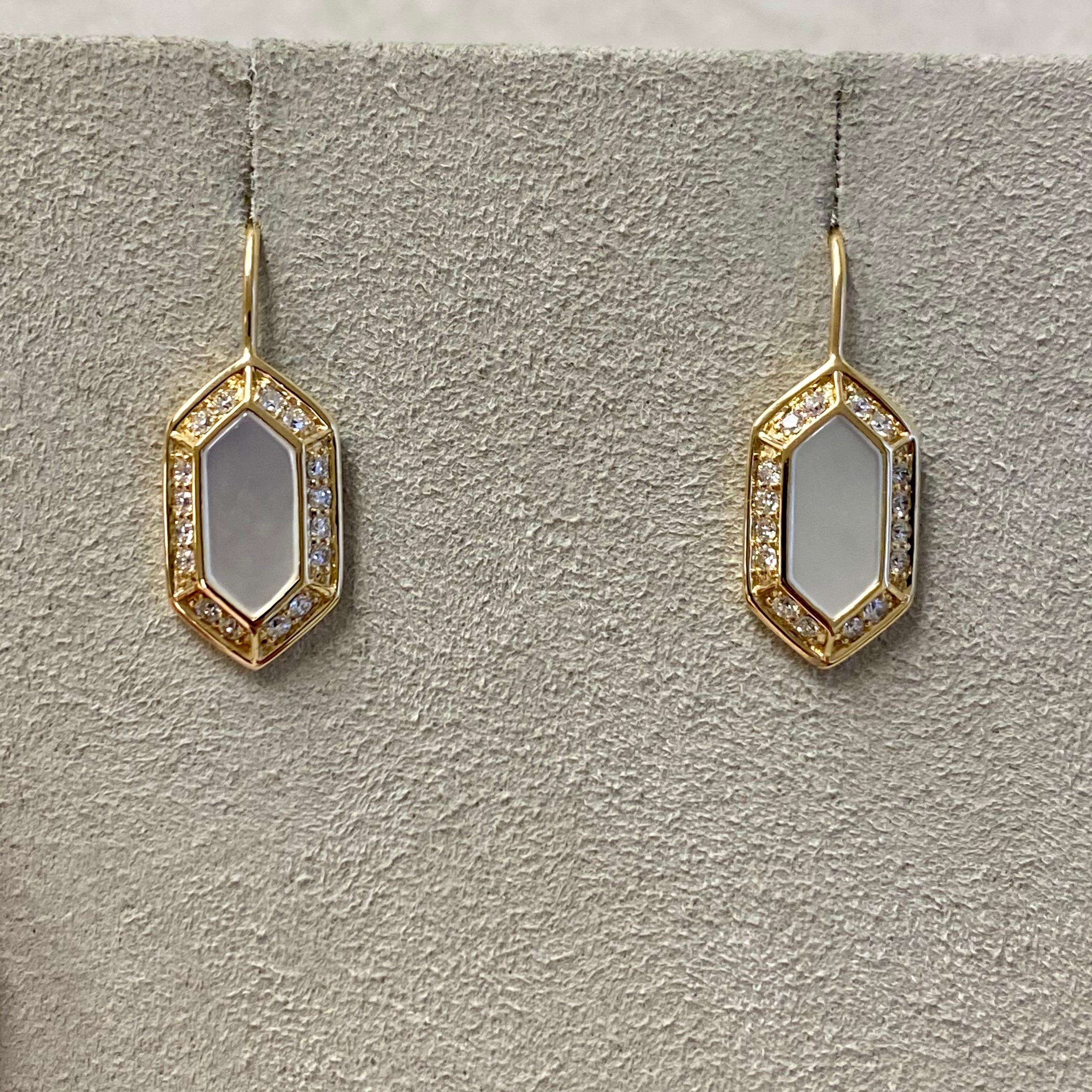 Round Cut Syna Yellow Gold Hex Earrings with Mother of Pearl and Diamonds For Sale