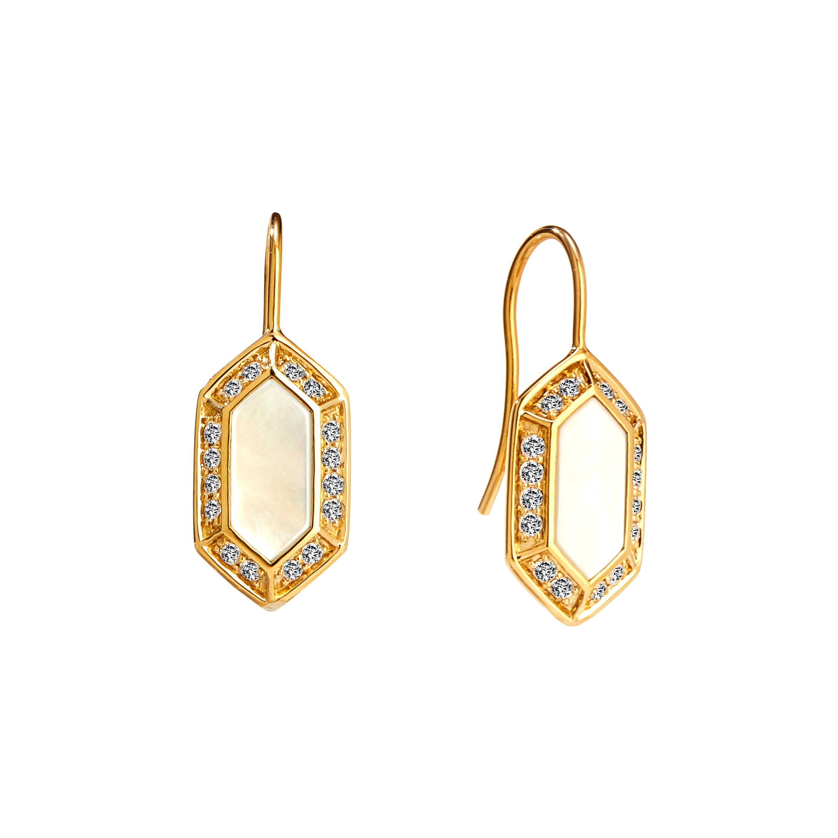 Syna Yellow Gold Hex Earrings with Mother of Pearl and Champagne Diamonds