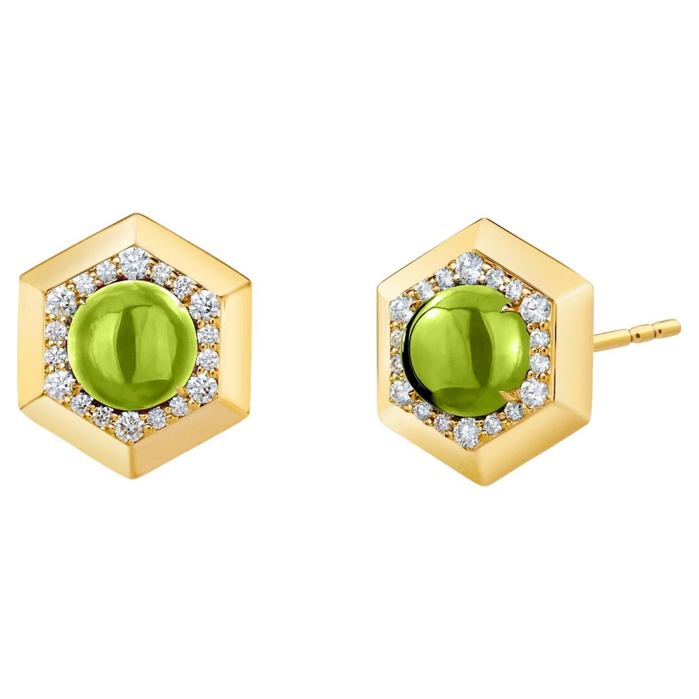 Syna Yellow Gold Hex Earrings with Peridot and Diamonds For Sale