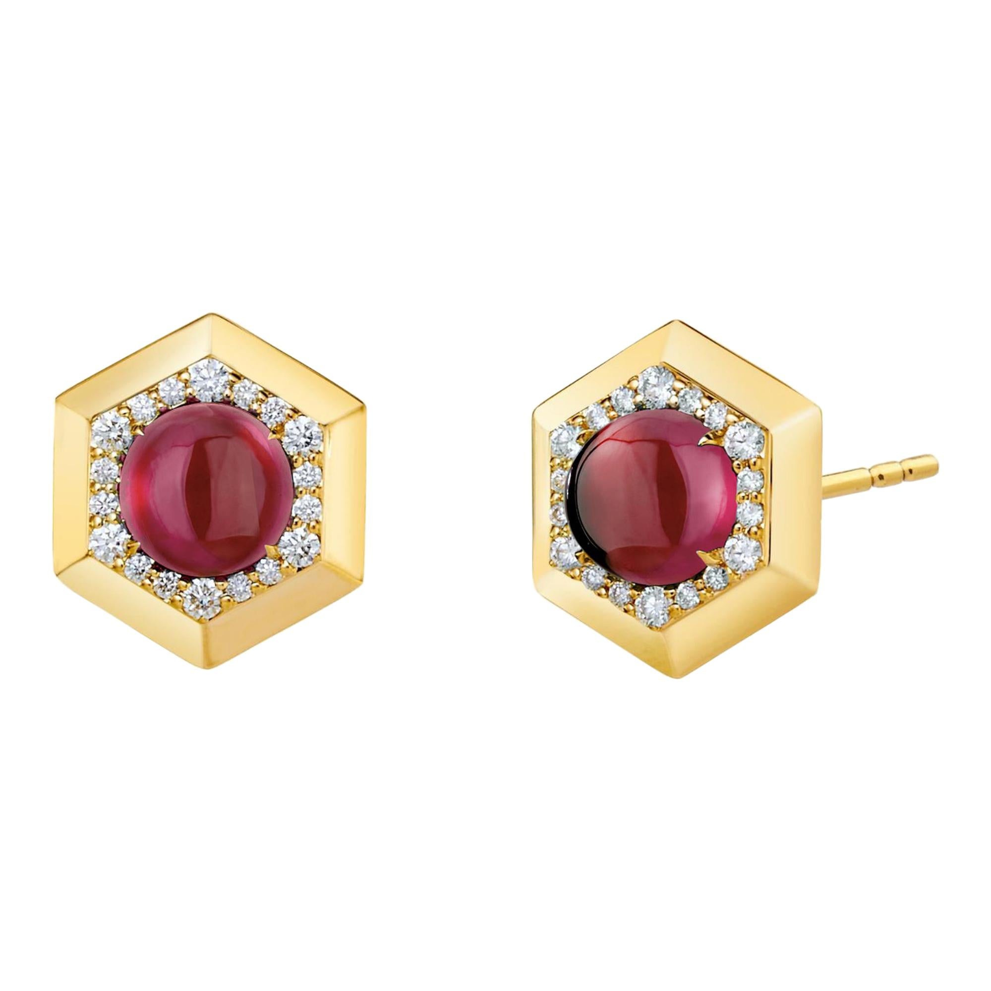 Syna Yellow Gold Hex Earrings with Rhodolite Garnet and Diamonds For Sale