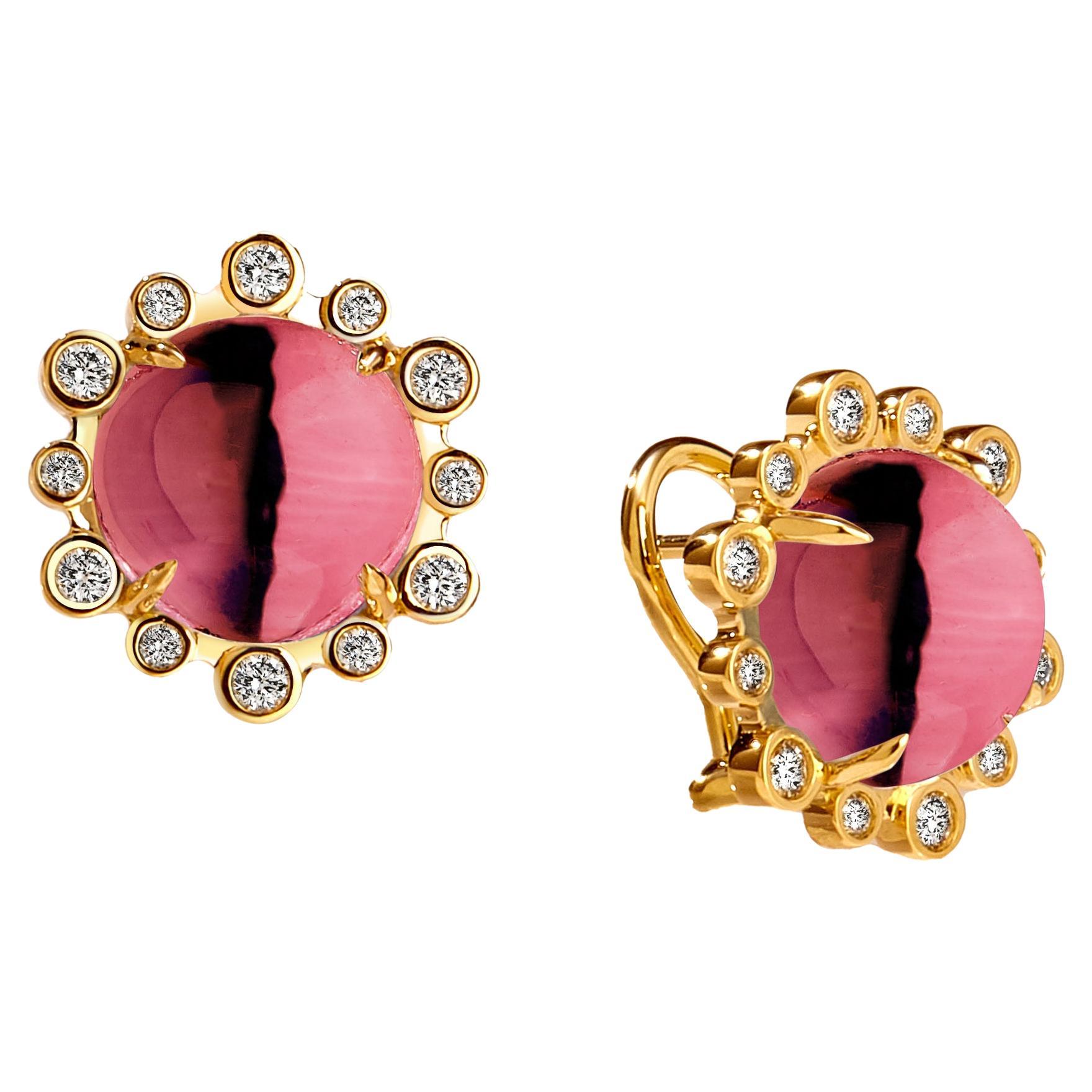 Syna Yellow Gold Hex Earrings with Rubellite and Diamonds For Sale