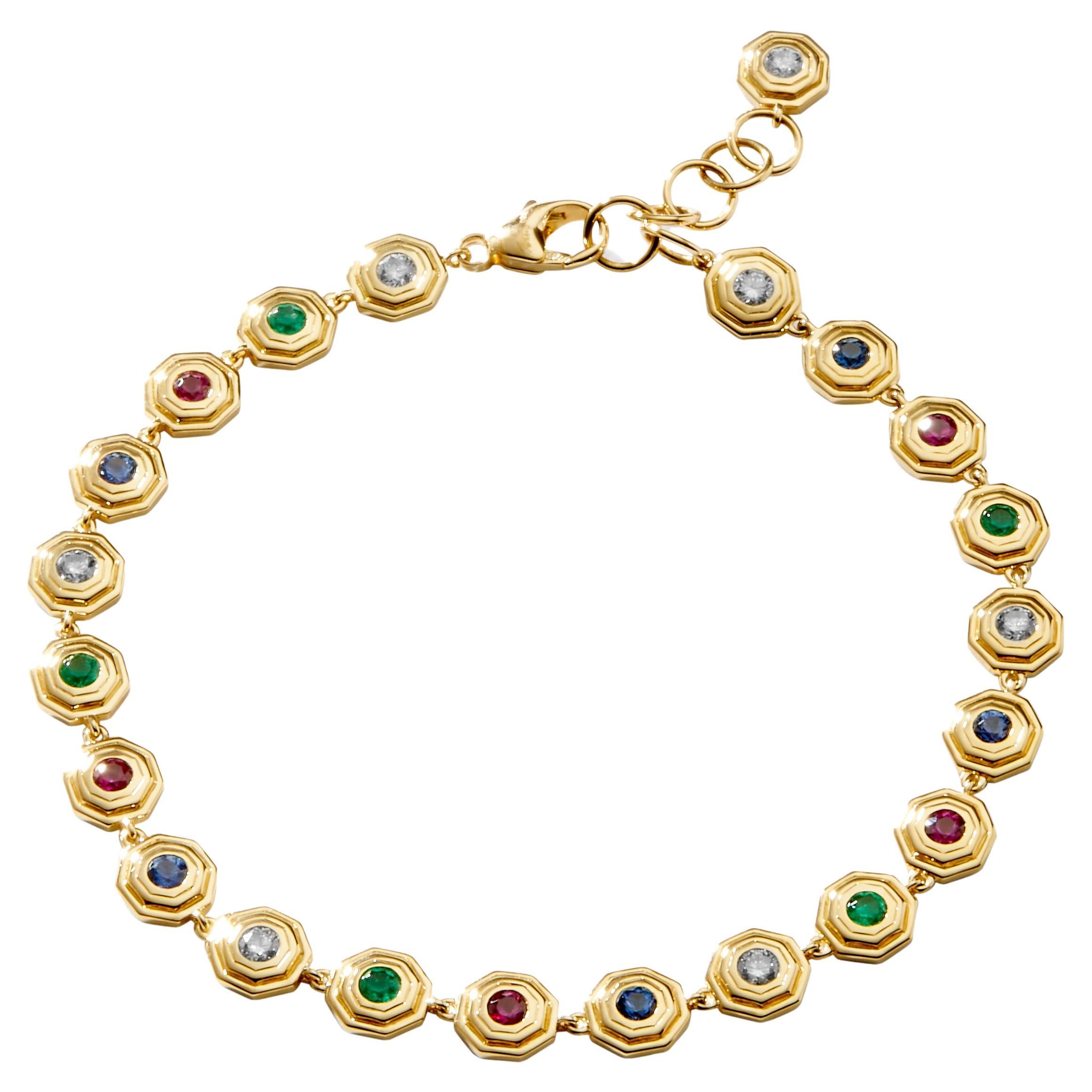 Syna Yellow Gold Hex Emerald, Ruby, Sapphire and Diamond Bracelet For Sale