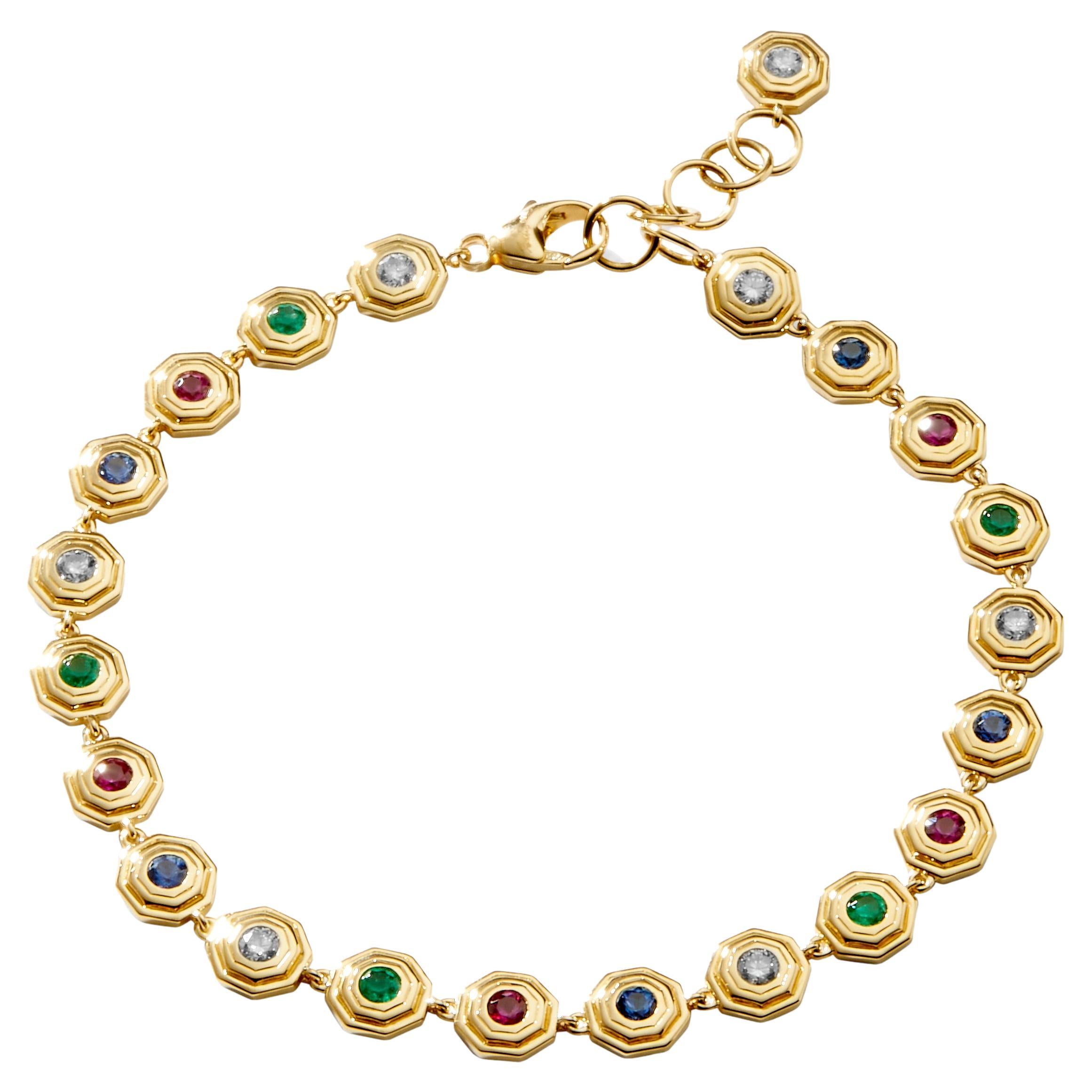 Syna Yellow Gold Hex Emerald, Ruby, Sapphire and Diamond Bracelet