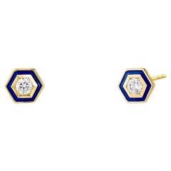 Syna Yellow Gold Hex Lapis Enamel Studs with Champagne Diamonds