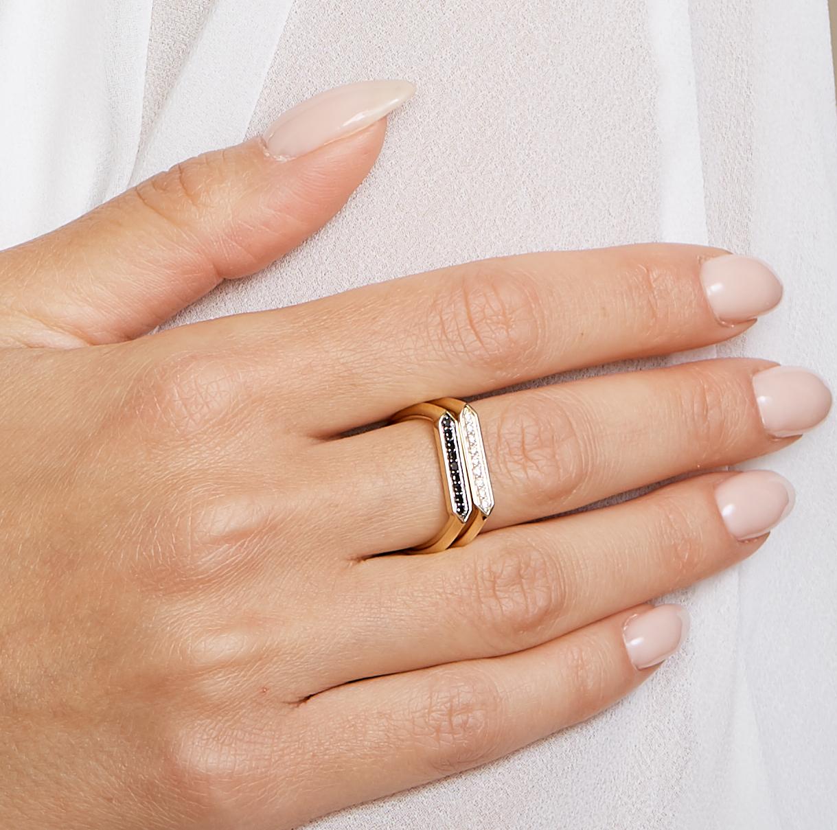 Contemporary Syna Yellow Gold Hex Ring with Black Diamonds For Sale