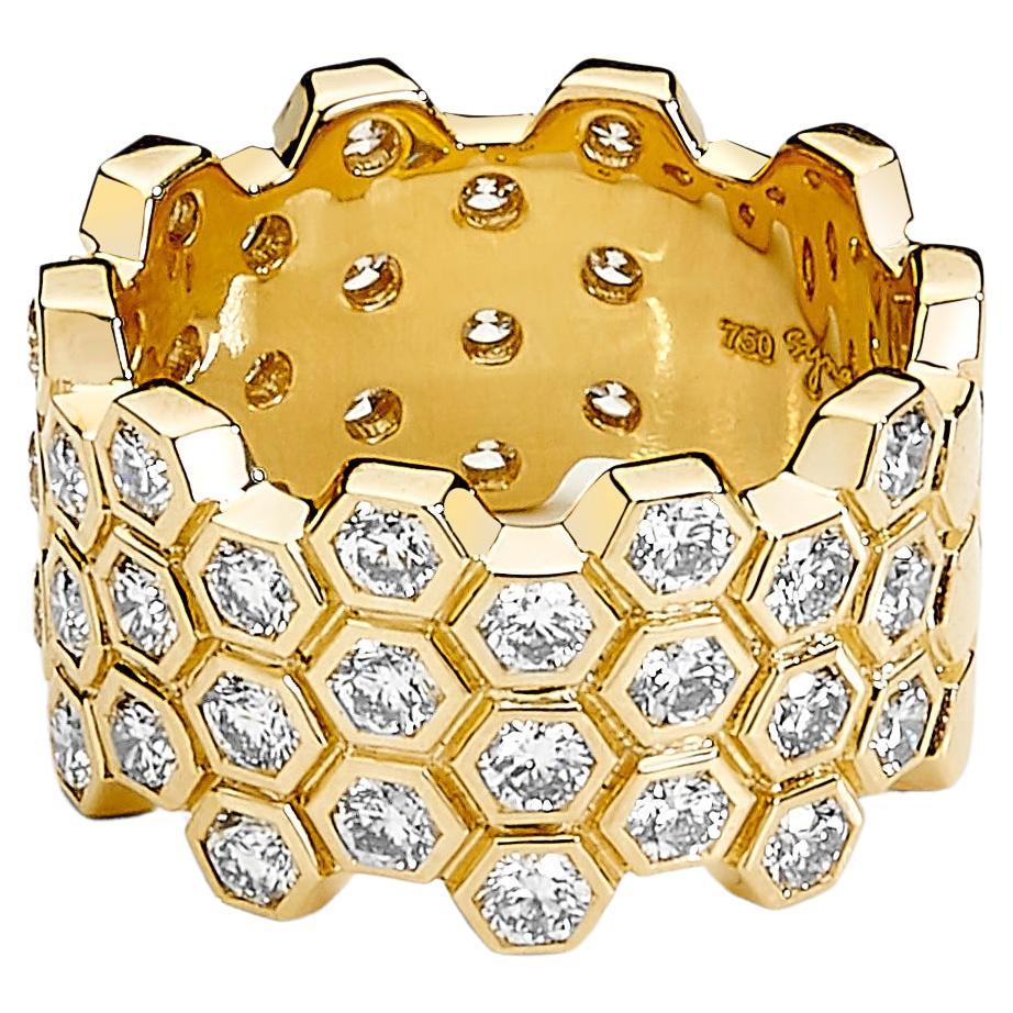 Syna Yellow Gold Honeycomb Band with Diamonds For Sale