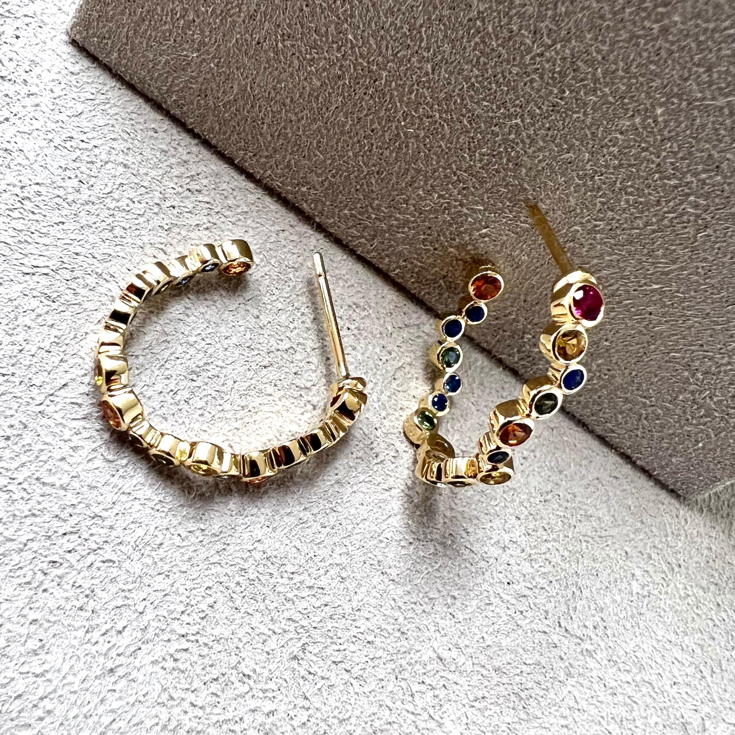 Contemporary Syna Yellow Gold Hoop Earrings with Multicolor Sapphires For Sale