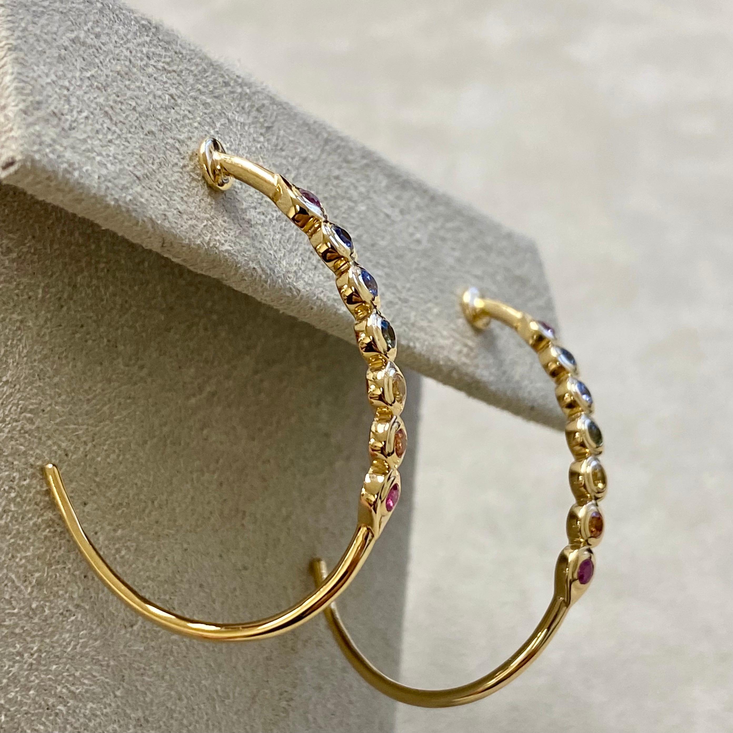 Contemporary Syna Yellow Gold Hoop Earrings with Rainbow Sapphires For Sale