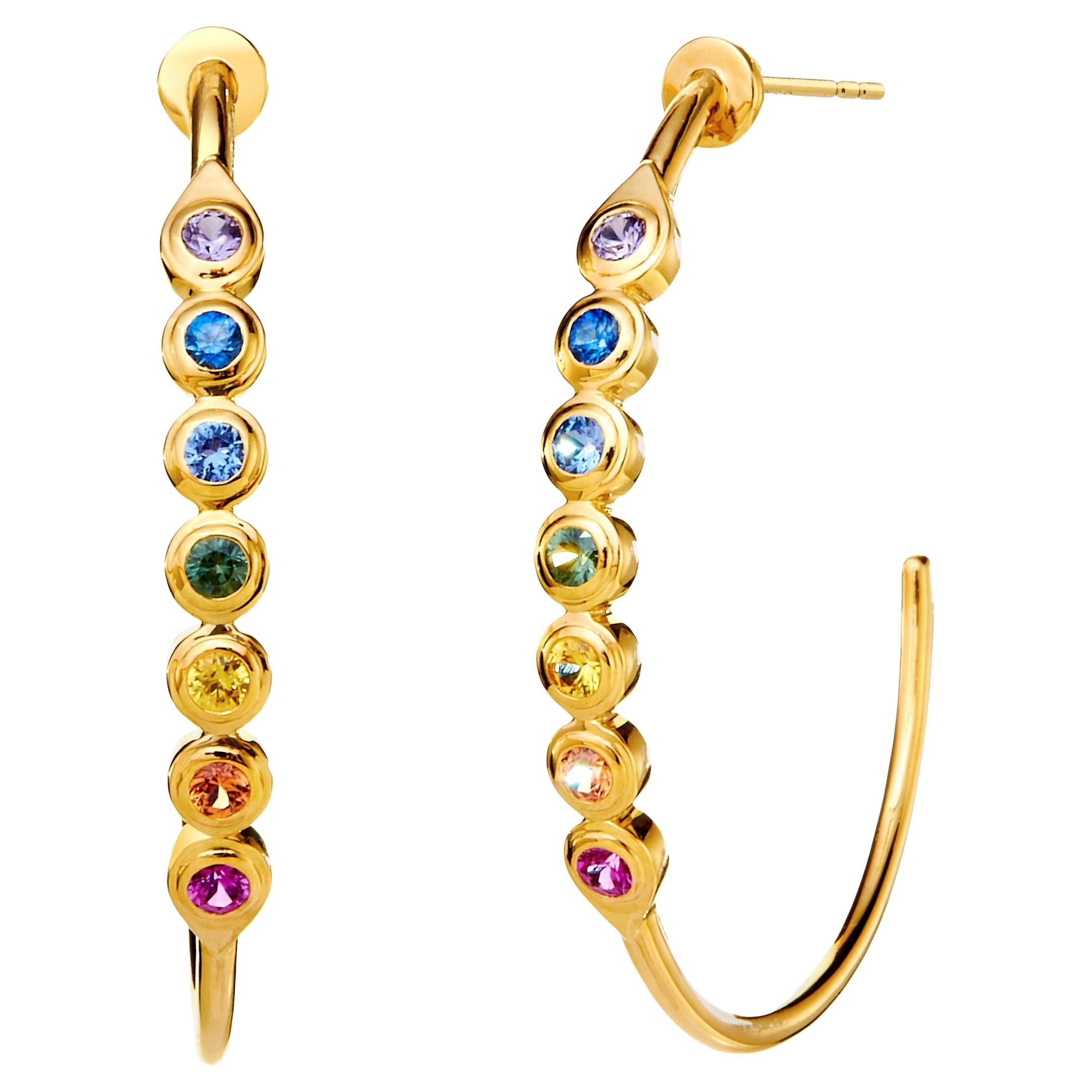 Syna Yellow Gold Hoop Earrings with Rainbow Sapphires For Sale