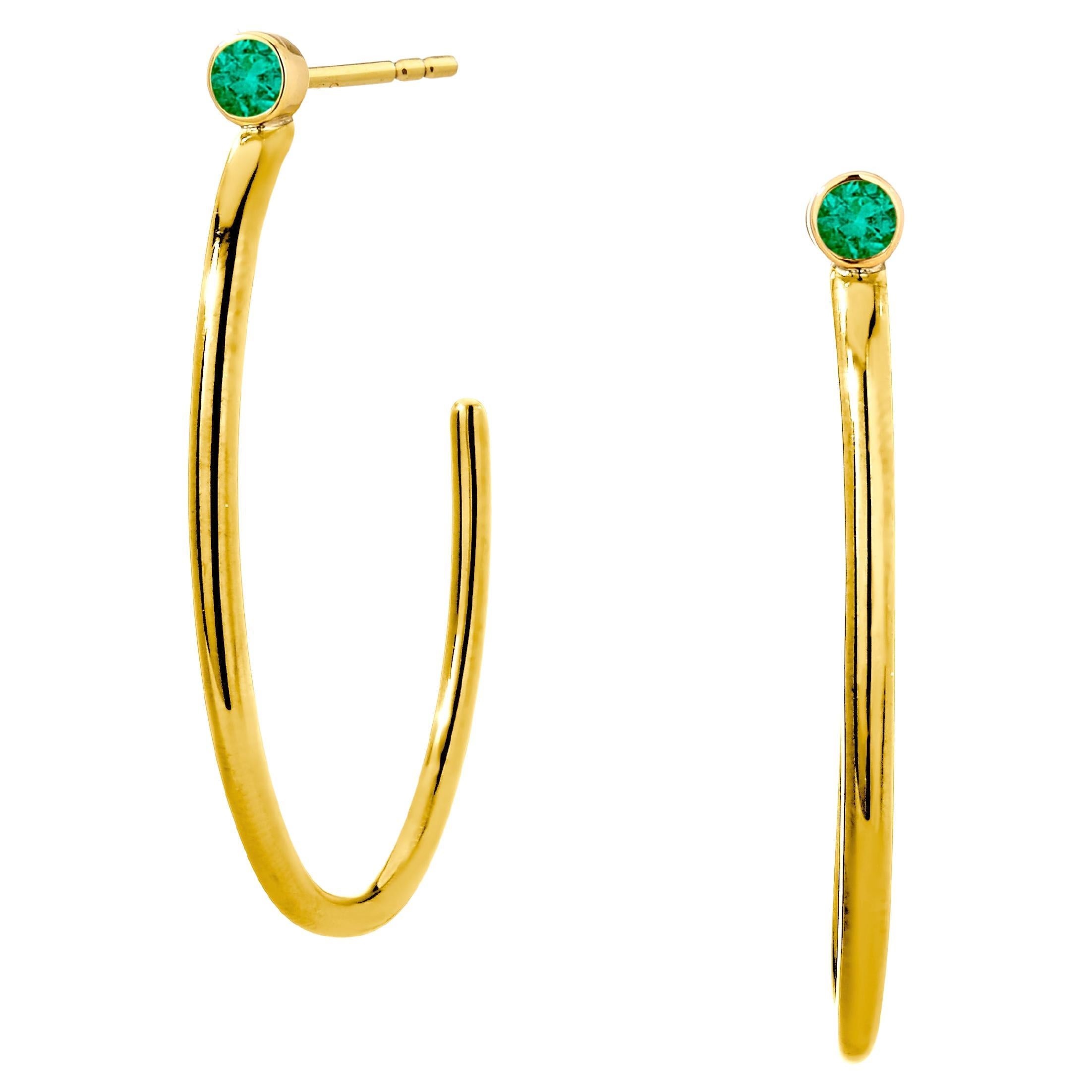 Syna Yellow Gold Hoops with Emeralds For Sale