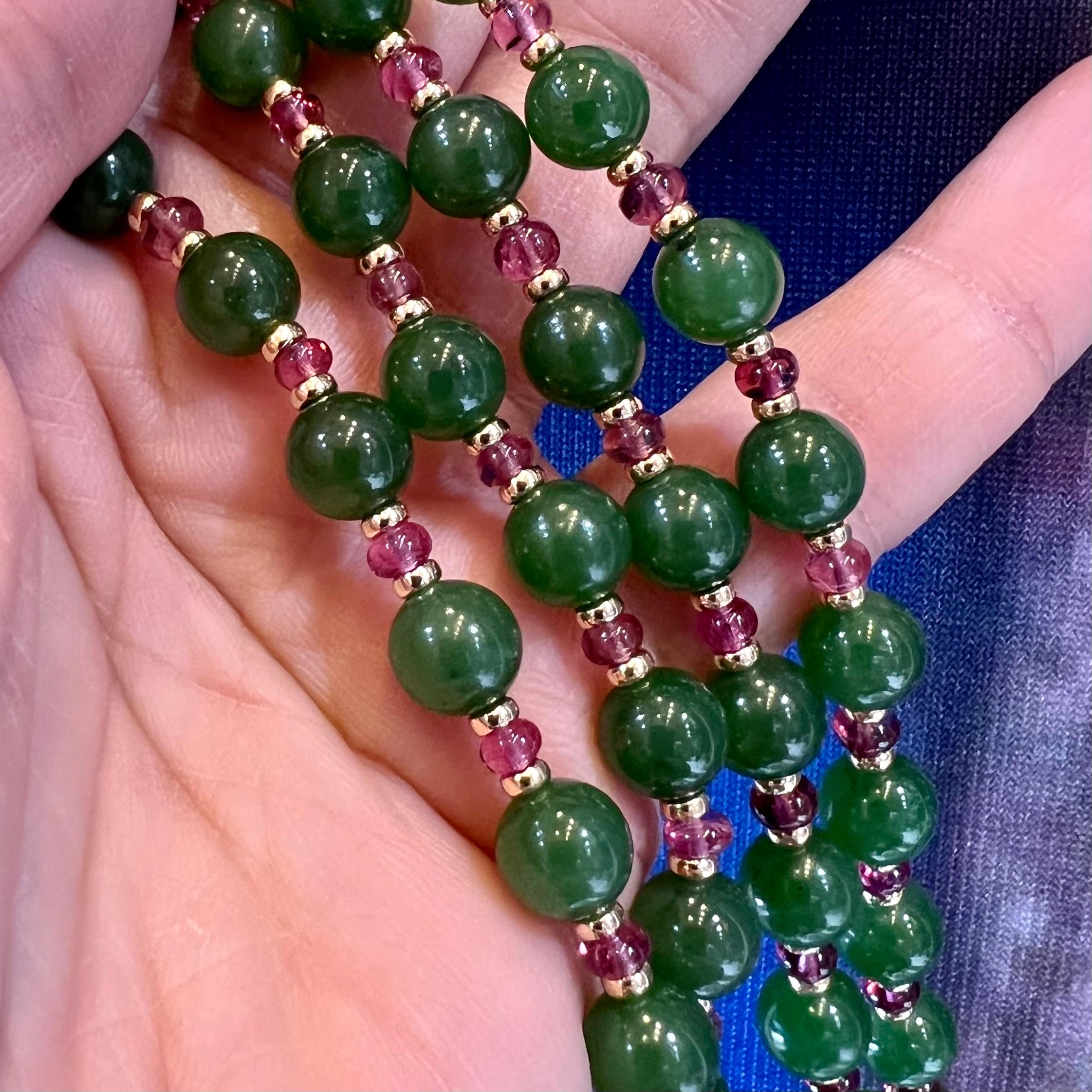 Created in 18 karat yellow gold
Jade beads 280 carats approx.
Pink tourmaline beads 27 carats approx.
18kyg roundels
36 inch length
Hook and eye clasp
Limited edition

Handcrafted from 18 karat yellow gold, featuring a sumptuous array of jade beads