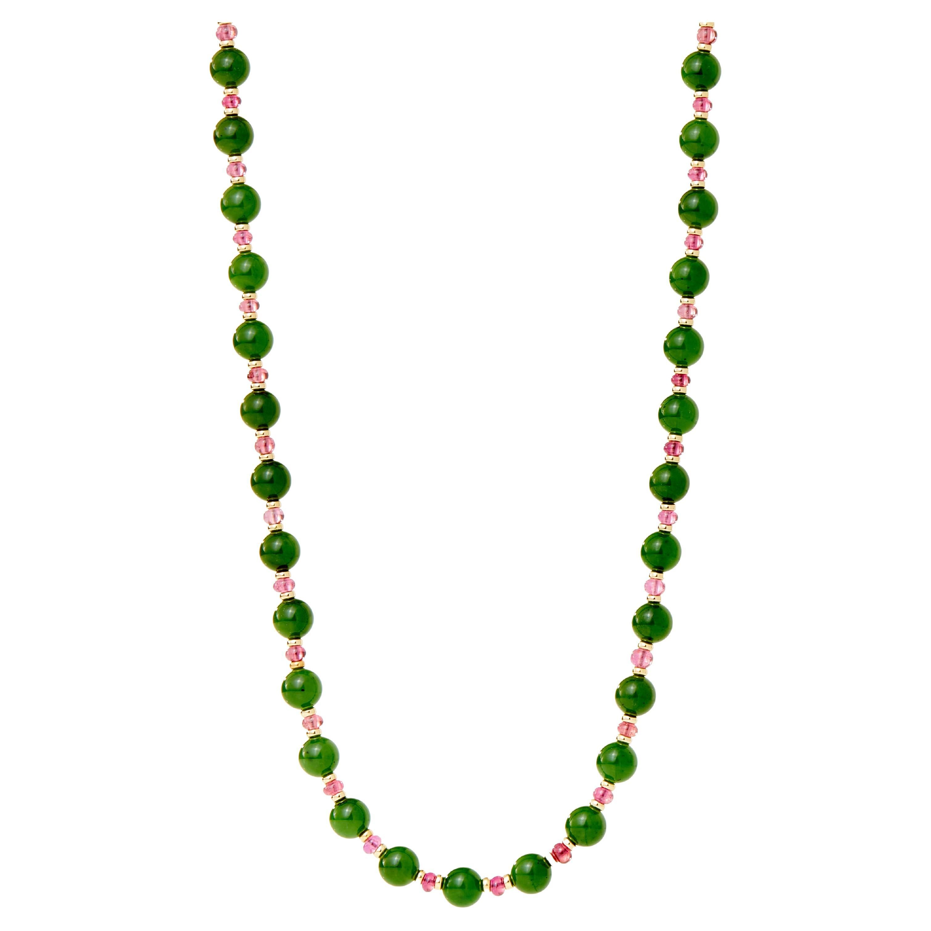 Syna Yellow Gold Jade and Pink Tourmaline Bead Necklace