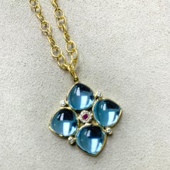 Syna Yellow Gold Jardin Blue Topaz Pendant with Ruby and Diamonds