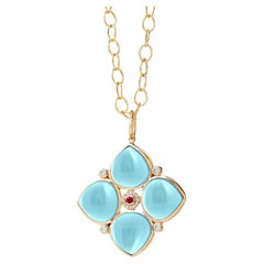 Syna Yellow Gold Jardin Blue Topaz Pendant with Ruby and Diamonds