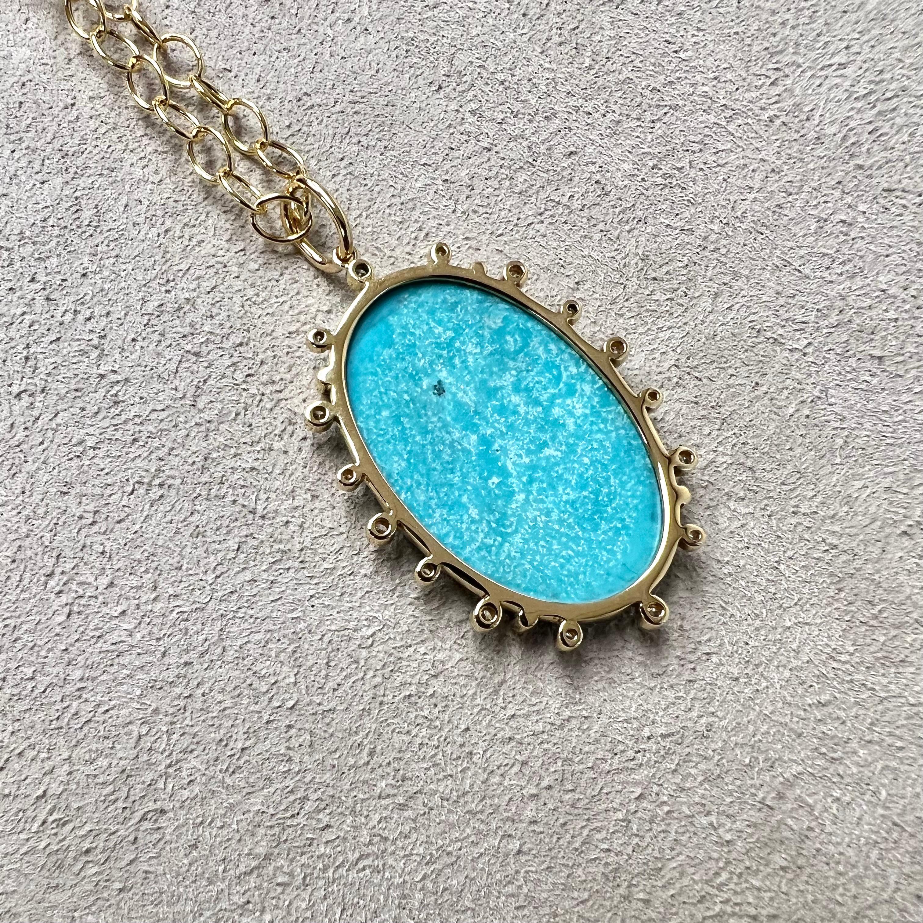 Contemporary Syna Yellow Gold Jardin Carved Turquoise Pendant with Diamonds