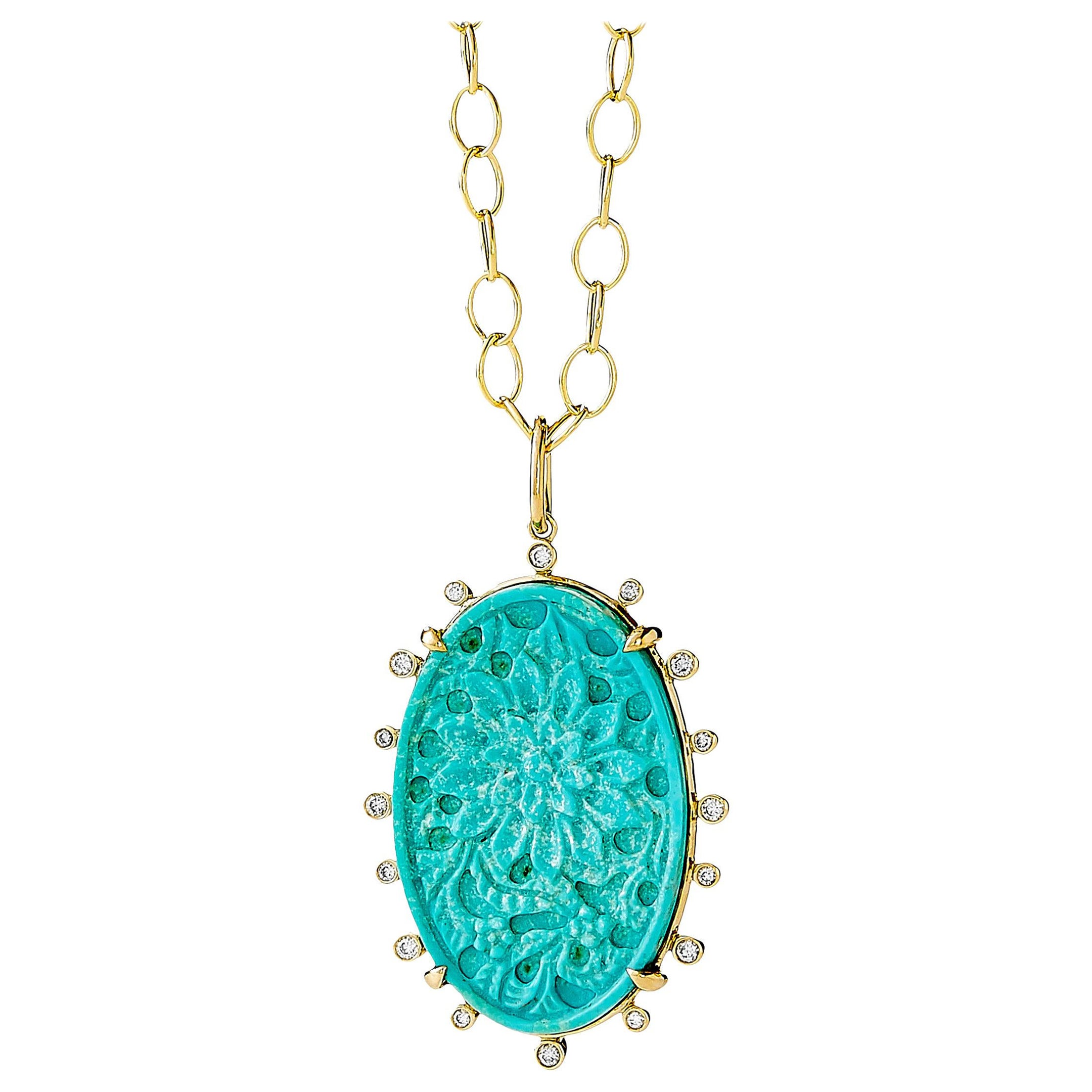 Colgante de Turquesa Tallada Syna Jardin de Oro Amarillo con Diamantes
