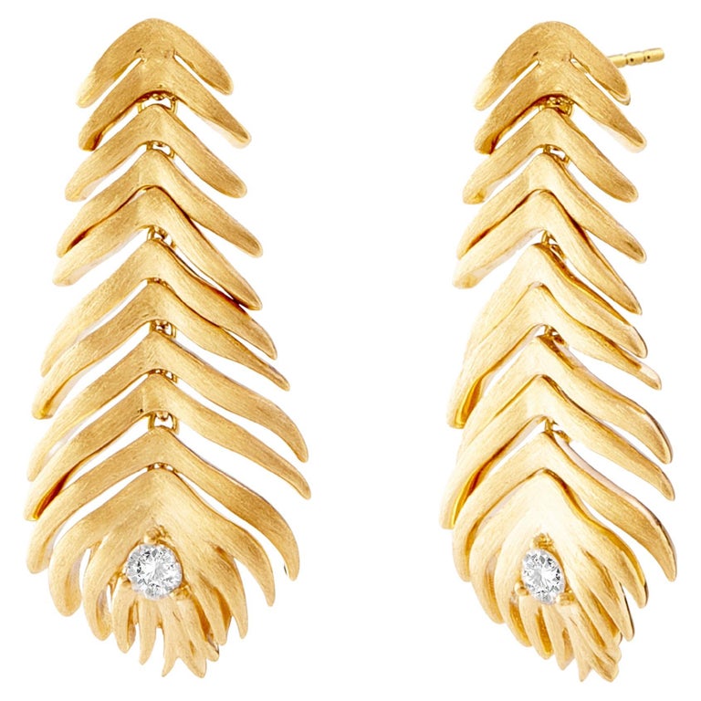 Syna Yellow Gold Jardin Feather Earrings with Champagne Diamonds For ...