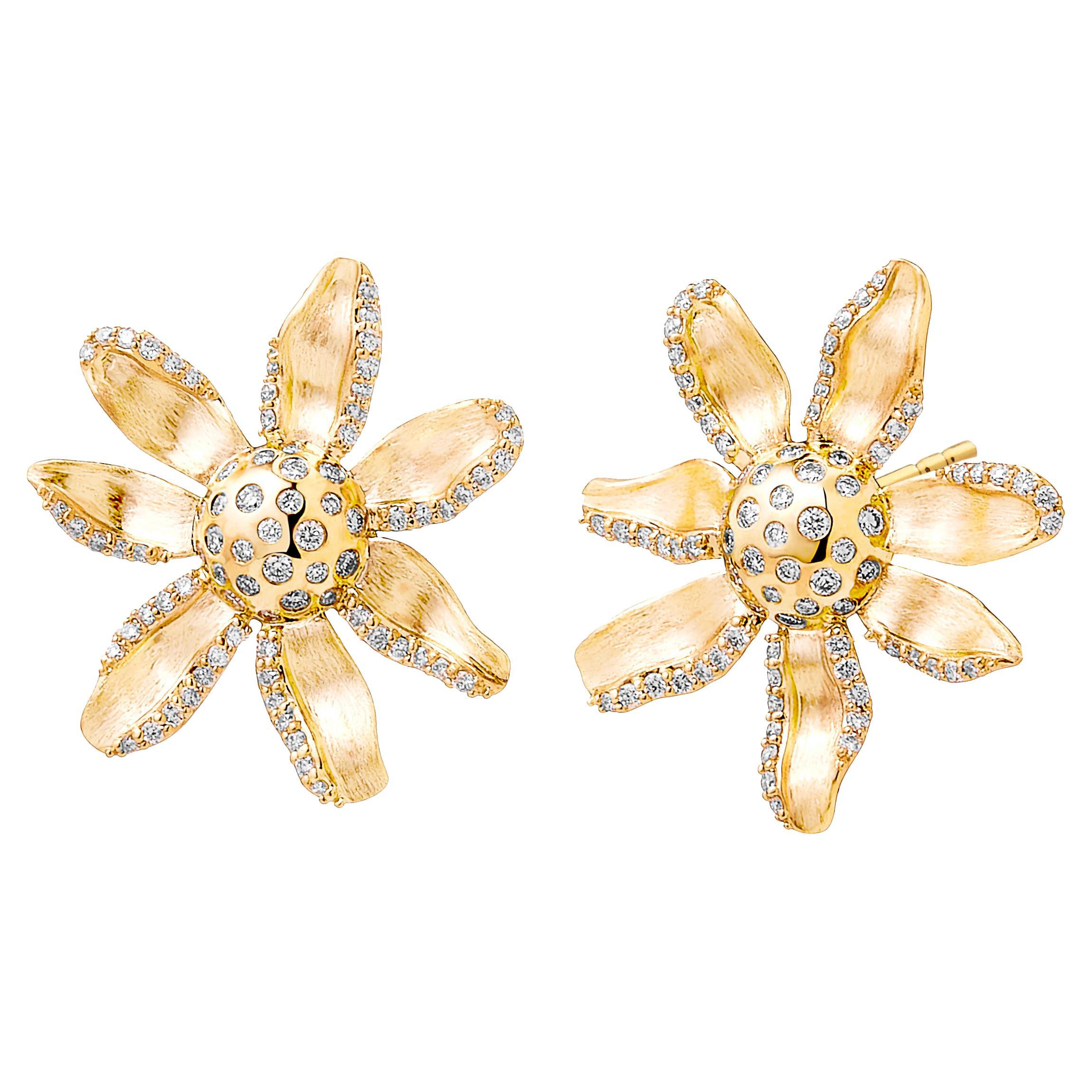 Syna Yellow Gold Jardin Flower Earrings with Diamonds For Sale