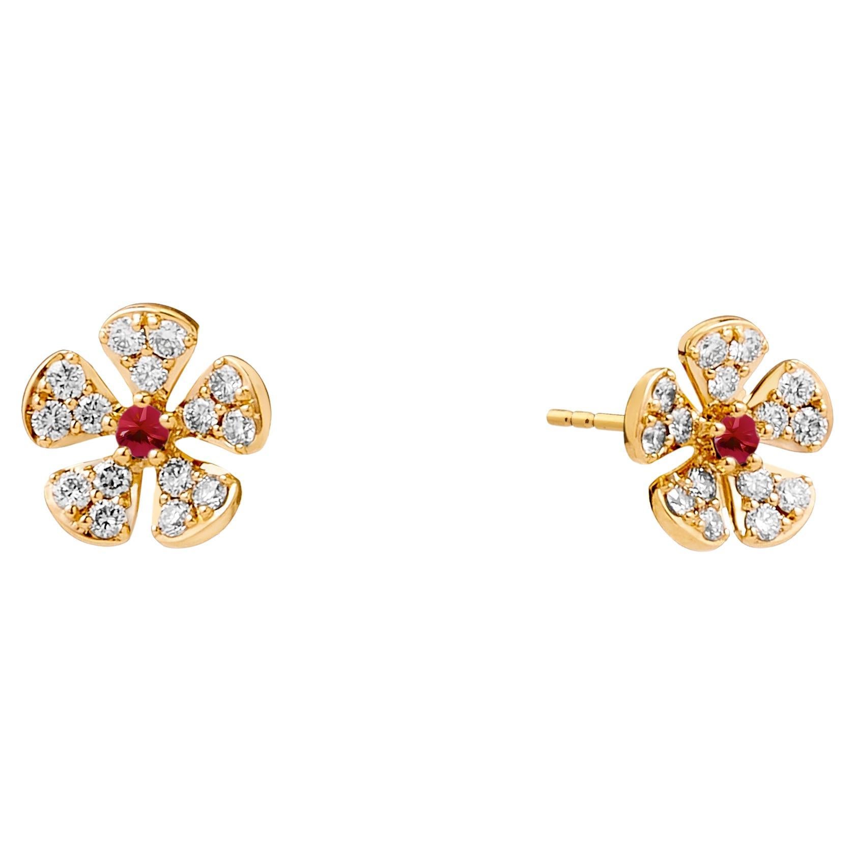 Syna Yellow Gold Jardin Flower Studs With Rubies and Diamonds For Sale