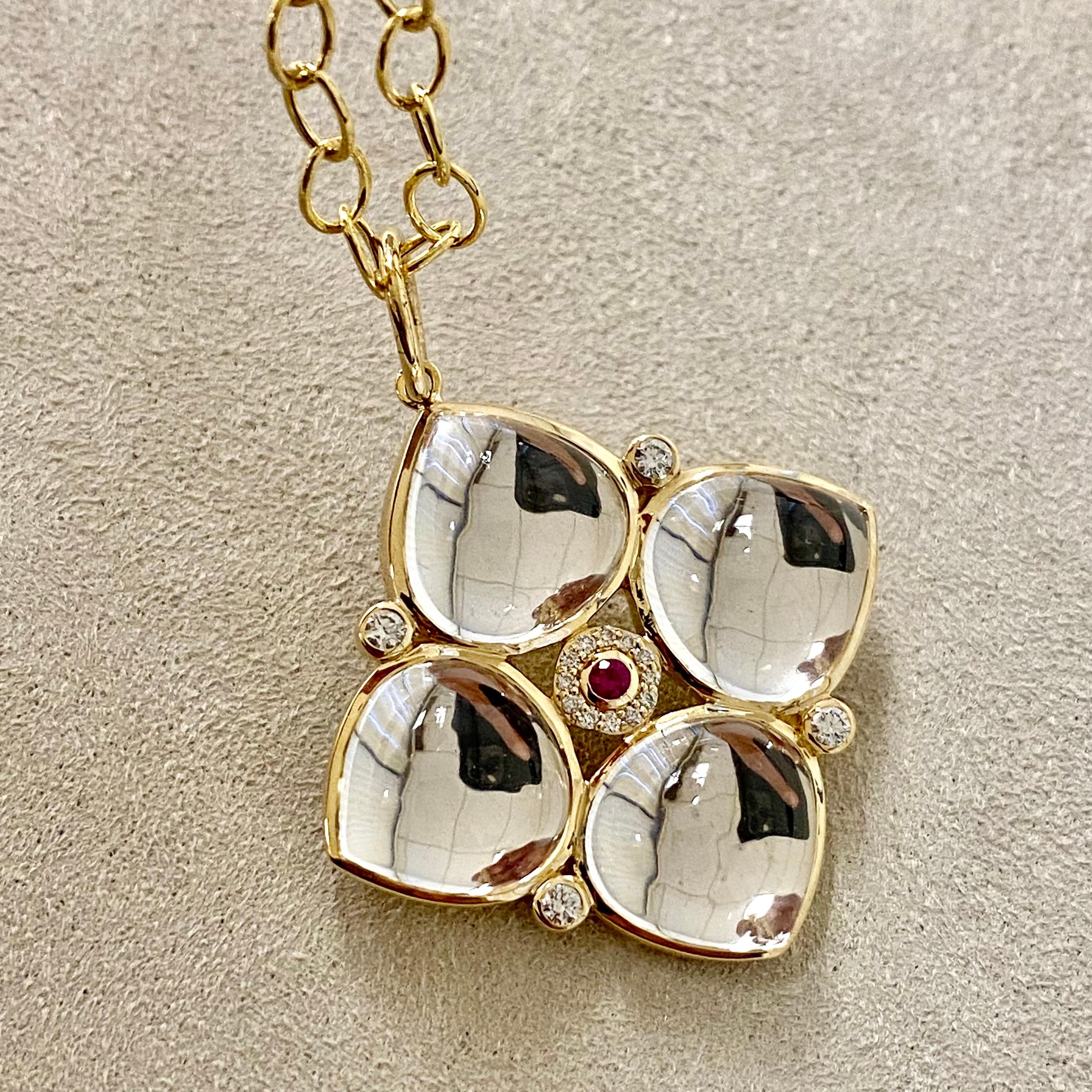 Contemporary Syna Yellow Gold Rock Crystal Pendant with Ruby and Diamonds For Sale