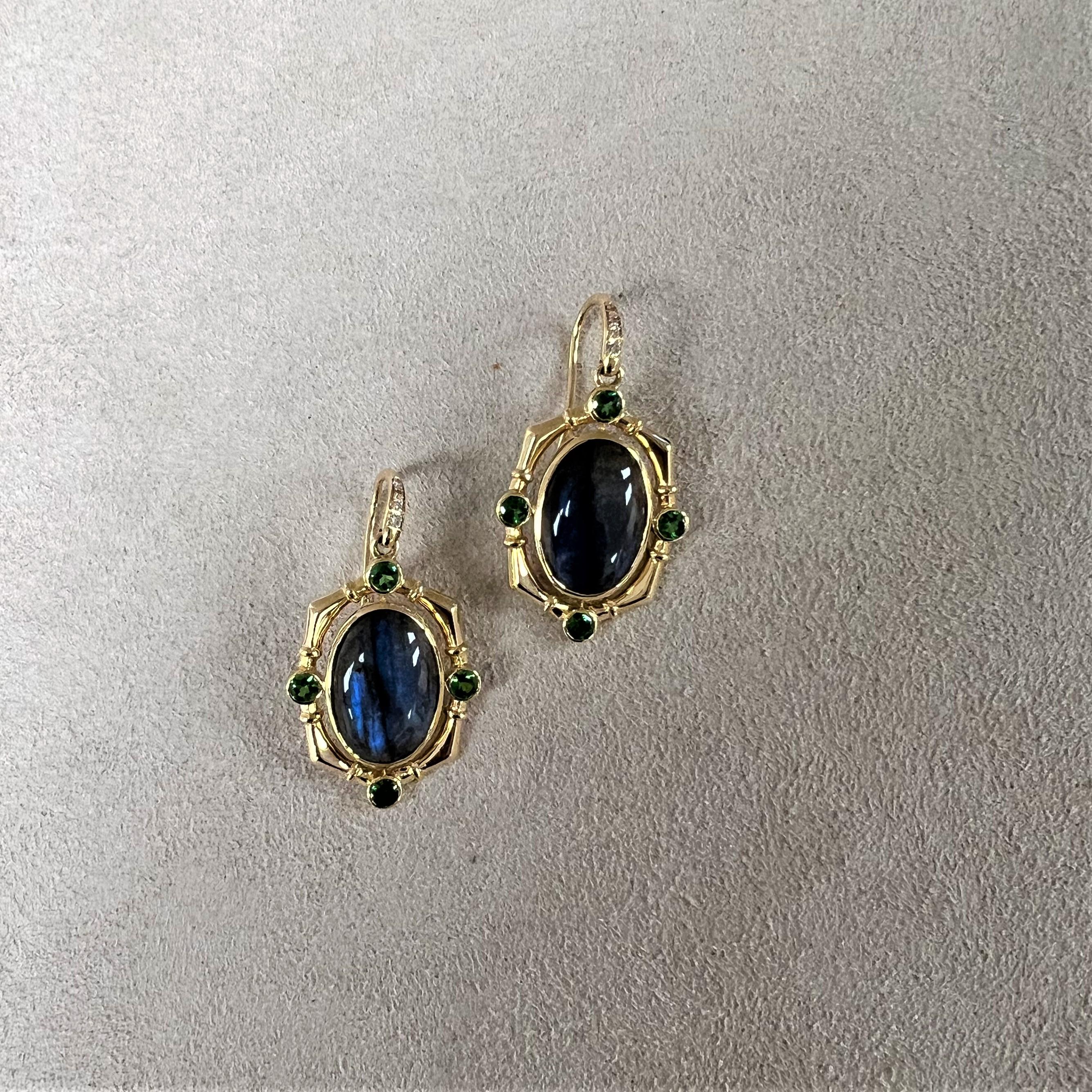Contemporary Syna Yellow Gold Labradorite Earrings with Tsavorites and Diamonds For Sale