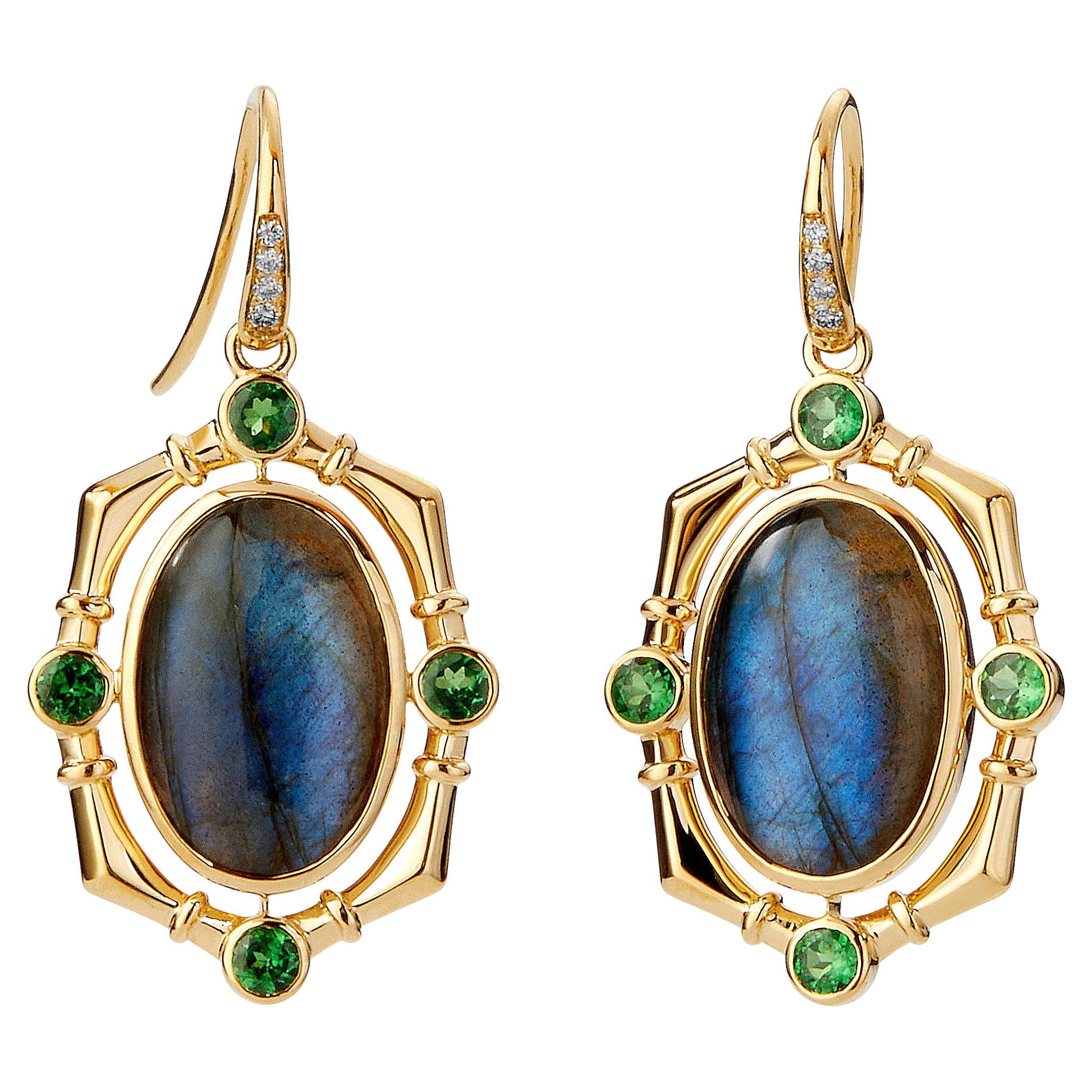 Syna Yellow Gold Labradorite Earrings with Tsavorites and Diamonds For Sale