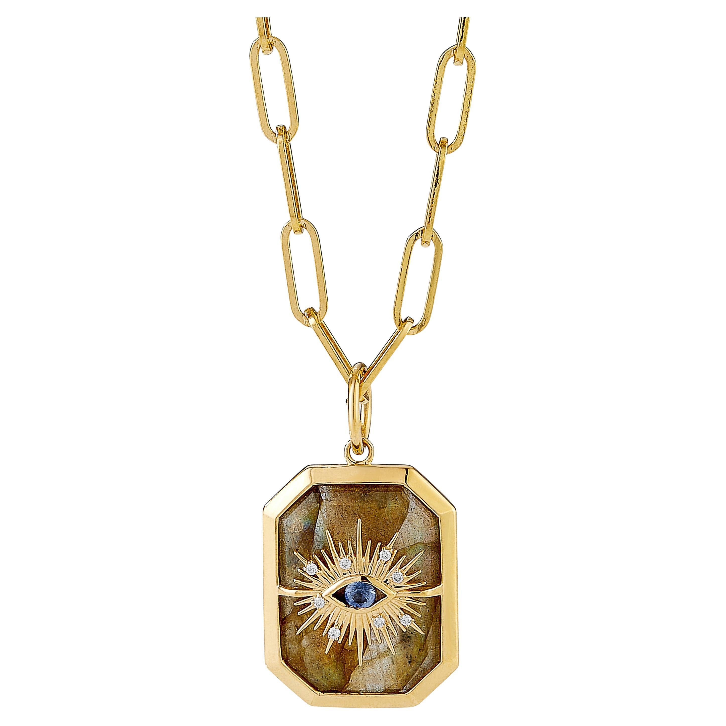 Syna Yellow Gold Labradorite Evil Eye Pendant with Blue Sapphire and Diamonds For Sale