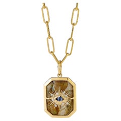 Syna Yellow Gold Labradorite Evil Eye Pendant with Blue Sapphire and Diamonds