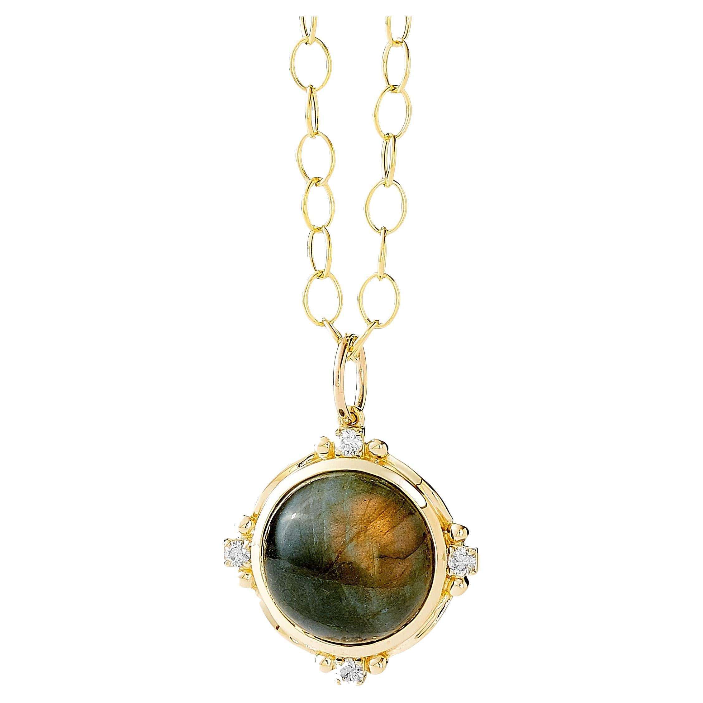 Syna Yellow Gold Labradorite Pendant with Diamonds For Sale